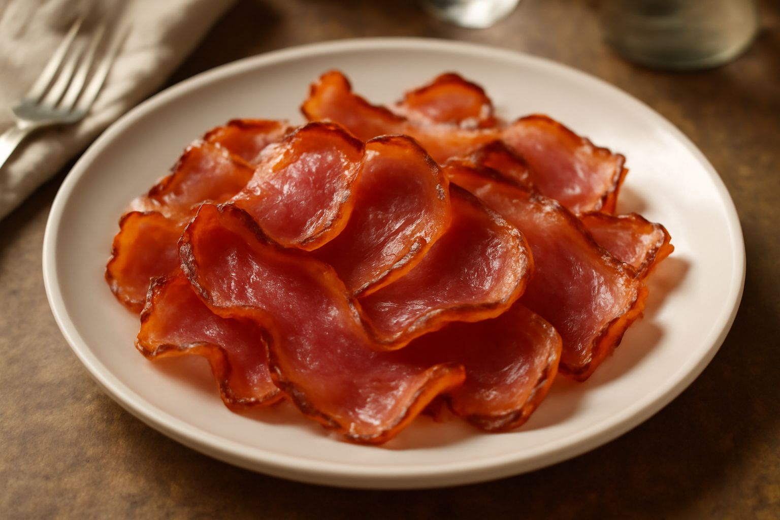 Fette di speck sottili, dorate e croccanti ai bordi, disposte a ventaglio in un piatto bianco, alcuni pezzi sovrapposti, con sfondo neutro
