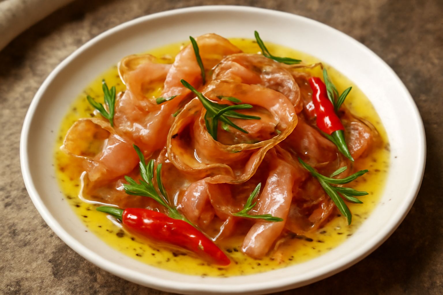 Vasetto di vetro trasparente con speck tagliato a fette sottili immerse in olio dorato, erbe aromatiche verdi e peperoncini rossi visibili nel liquido, fondo bianco e luce naturale