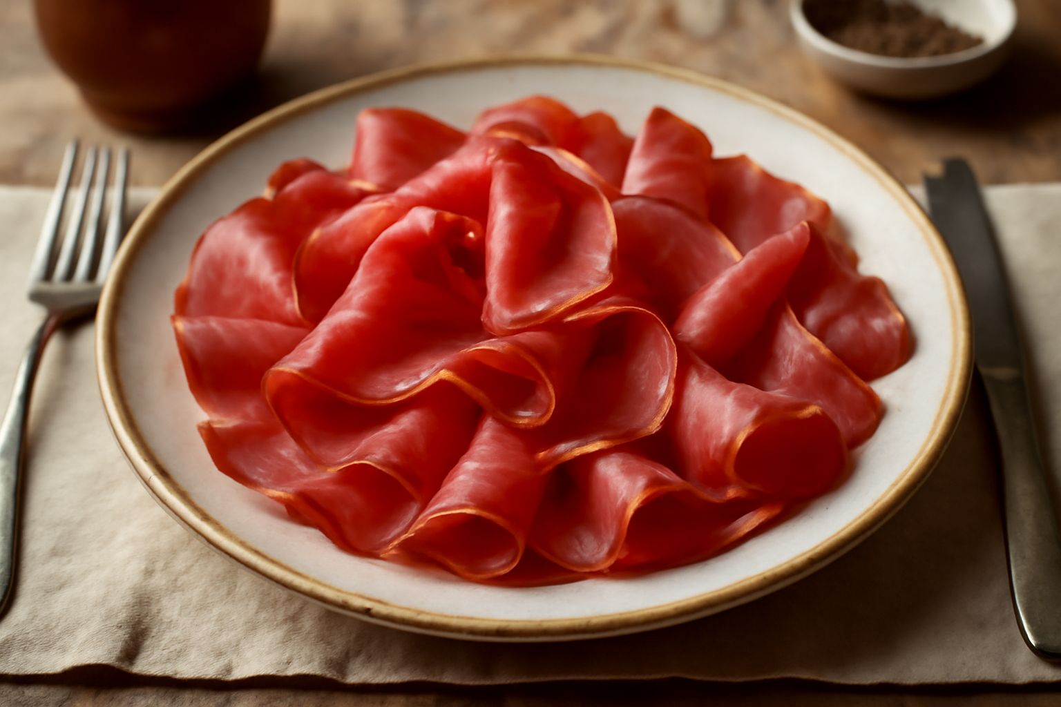 Fette sottili di speck tirolese color rosso bruno con venature di grasso bianco, disposte a ventaglio su un piatto bianco, accompagnate da pane tostato leggermente burrato