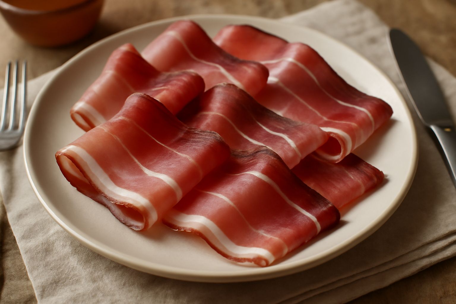 Fette sottili di speck trentino color rosso scuro con venature di grasso bianco, disposte a ventaglio su un piatto bianco, con accanto pane tostato e un bicchiere di vino bianco