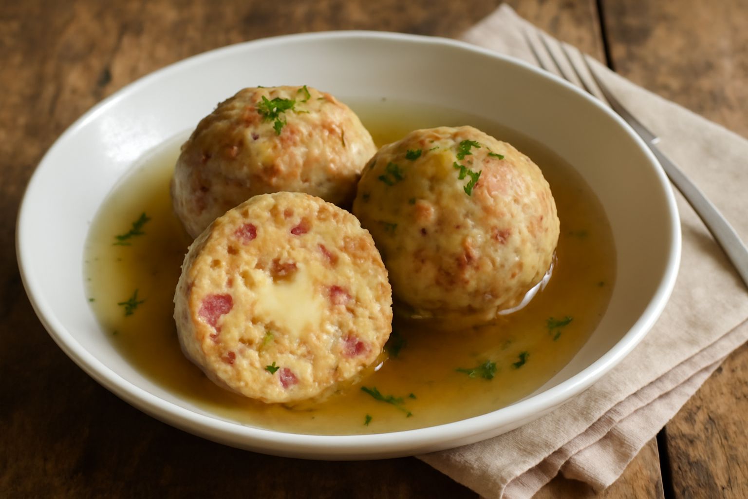 Due speckknödel dorati e soffici in una ciotola bianca con brodo trasparente fumante, germogli di prezzemolo verde sulla sommità e scaglie di formaggio grattugiato