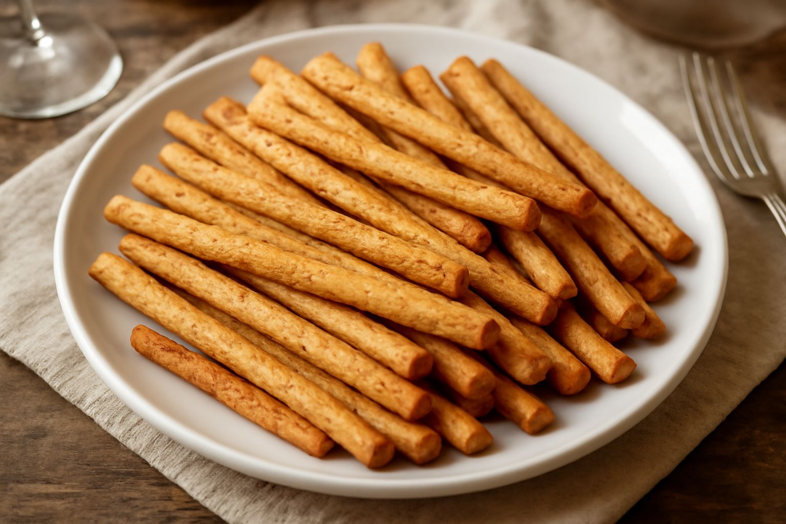 Spelline dorate e croccanti su una superficie bianca, disposte a ventaglio, con tracce di farina attorno. Forma allungata e leggera, superficie leggermente screpolata.