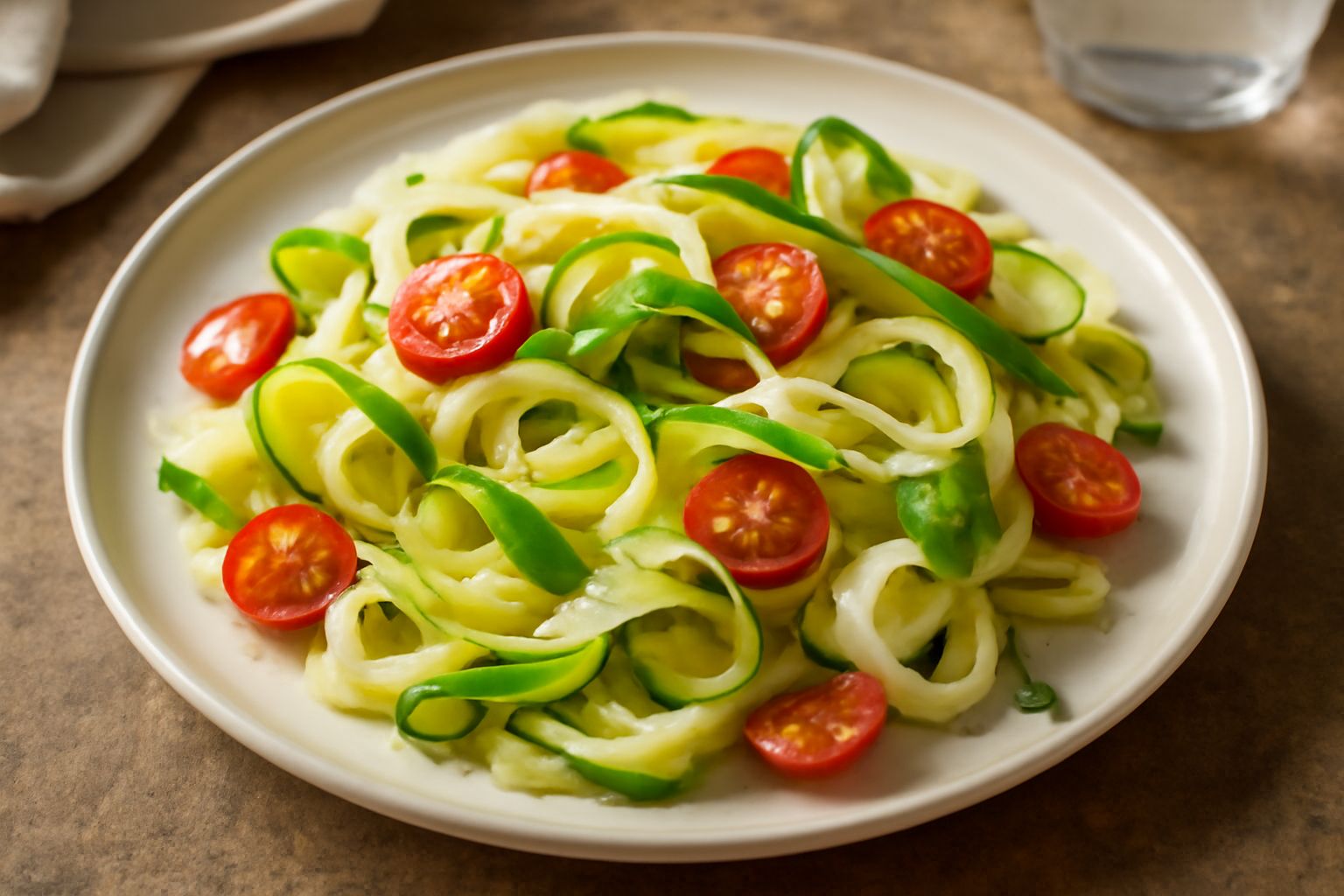 Insalata di spellucchini bianchi e verdi a nastri sottili, con pomodori ciliegini rossi, cipolla bianca affettata, erbe aromatiche verdi sparse, servita in piatto bianco con filo d'olio d'oliva brilla