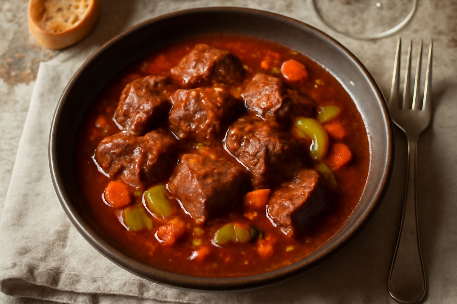 Spezzatino di carne in umido di colore marrone scuro con sugo rosso di pomodoro, servito in un piatto fondo bianco con rametti di rosmarino e pepe nero visibile