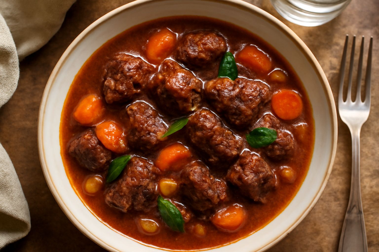 Spezzatino alla trentina in pentola di coccio: pezzi di carne marrone scuro, cipolla caramellata, carota e sedano, brodo brunastro, prezzemolo fresco verde in superficie, vapore caldo