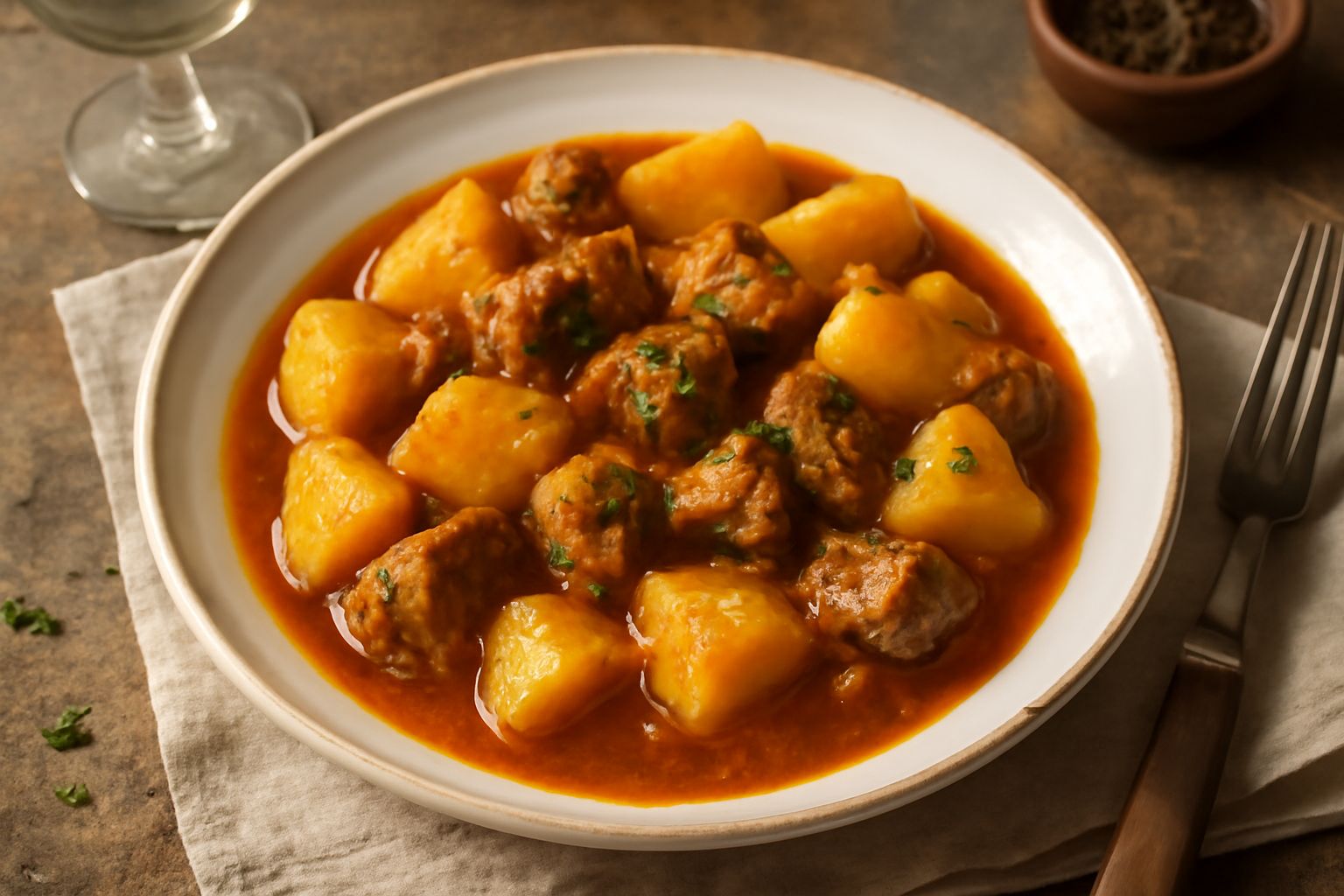 Carne di vitello a dadini che rosola in una padella di ghisa, leggermente colorata di marrone dorato, con olio caldo intorno.