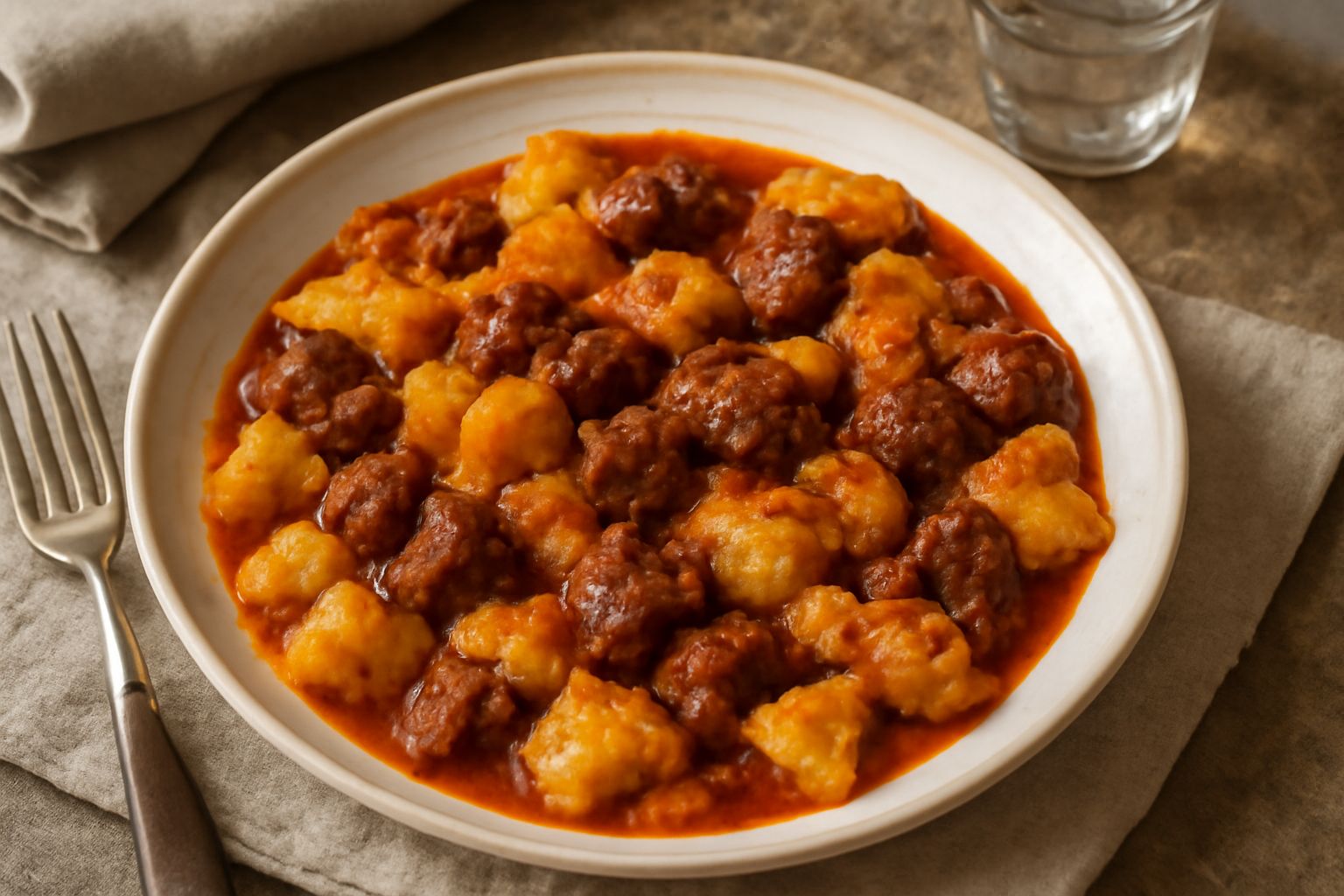 Piatto di spezzatino rosso-bruno con pezzi di carne e polenta gialla morbida, guarnito da prezzemolo fresco, su sfondo bianco