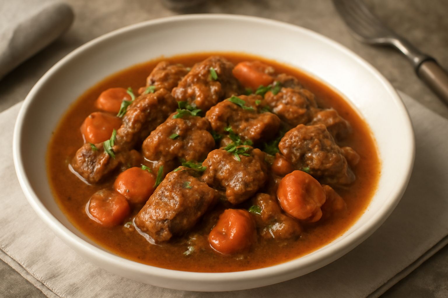 Spezzatino di agnello in pentola di coccio, con pezzi di carne marrone scuro nel sugo rosso-bruno, accompagnato da verdure cotte e prezzemolo fresco