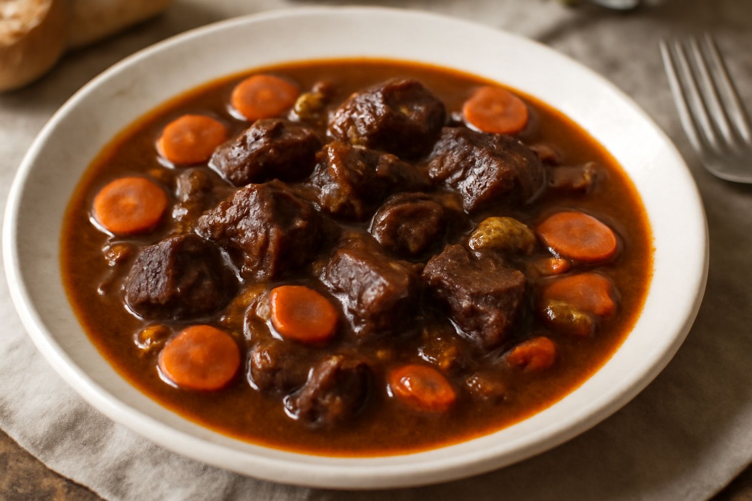 Spezzatino di camoscio in un piatto bianco fondo, con pezzi di carne scura e tenera in sugo marrone, contornato da verdure cotte come carote e cipolle, con fette di pane tostato ai lati