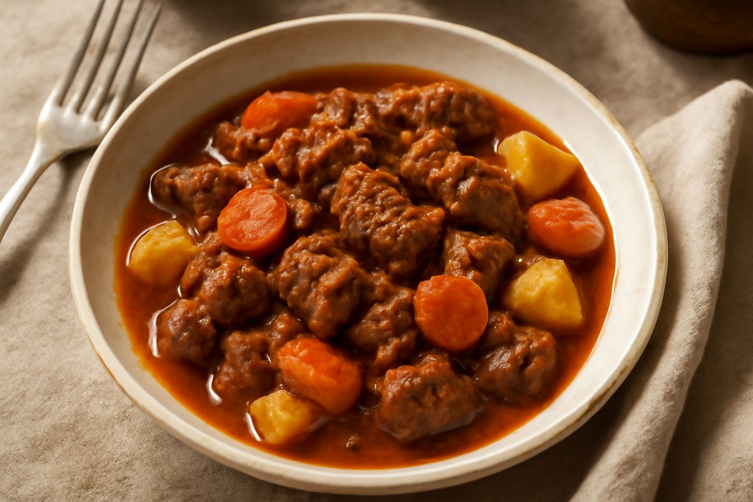 Spezzatino di capra rosso mattone in un piatto di ceramica bianca, pezzi di carne morbida in sugo denso, con carote arancioni e patate biancastre, cipolle scure visibili, guarnito con rosmarino fresco