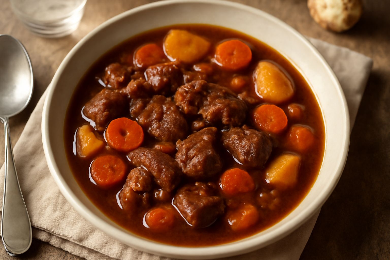 Spezzatino di capra in tegame di terracotta: pezzi di carne scura e tenera in sugo vinato, contornati da carote, cipolle e patate, con rosmarino fresco sulla superficie