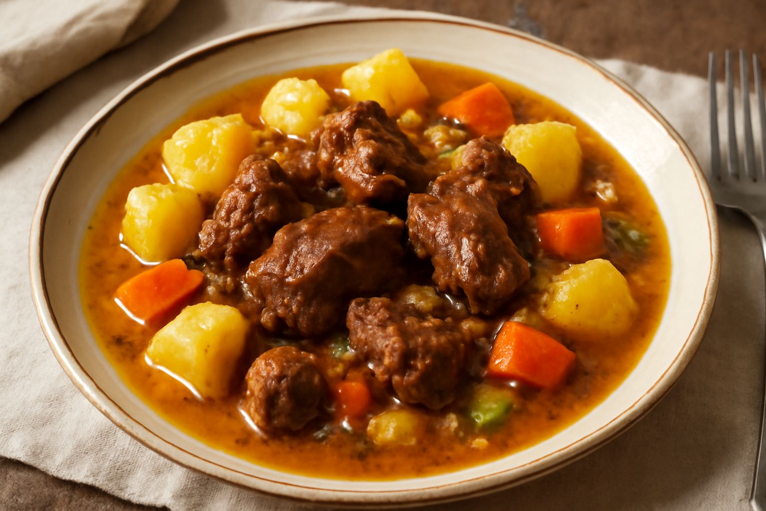 Spezzatino di capretto in pentola di terracotta marrone, con pezzi di carne rosso scuro, patate dorate, cipolle e carote gialle, coperto da un brodo ricco e opaco, guarnito con prezzemolo fresco