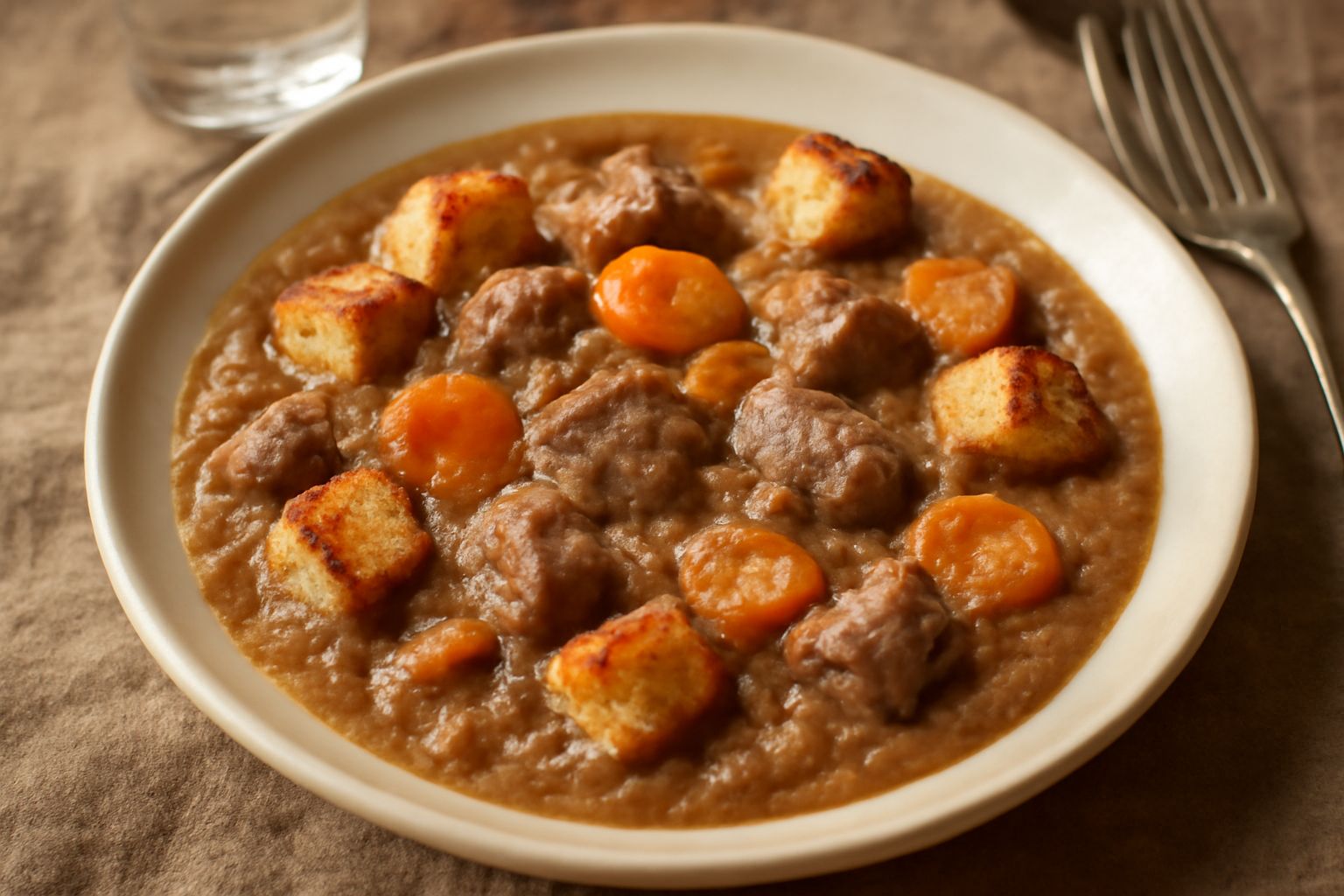Spezzatino in ciotola di ceramica bianca con pezzi di carne morbida in salsa marrone scura, cubetti di pane tostato, carota e sedano, tavolo di legno chiaro, cucchiaio di metallo accanto