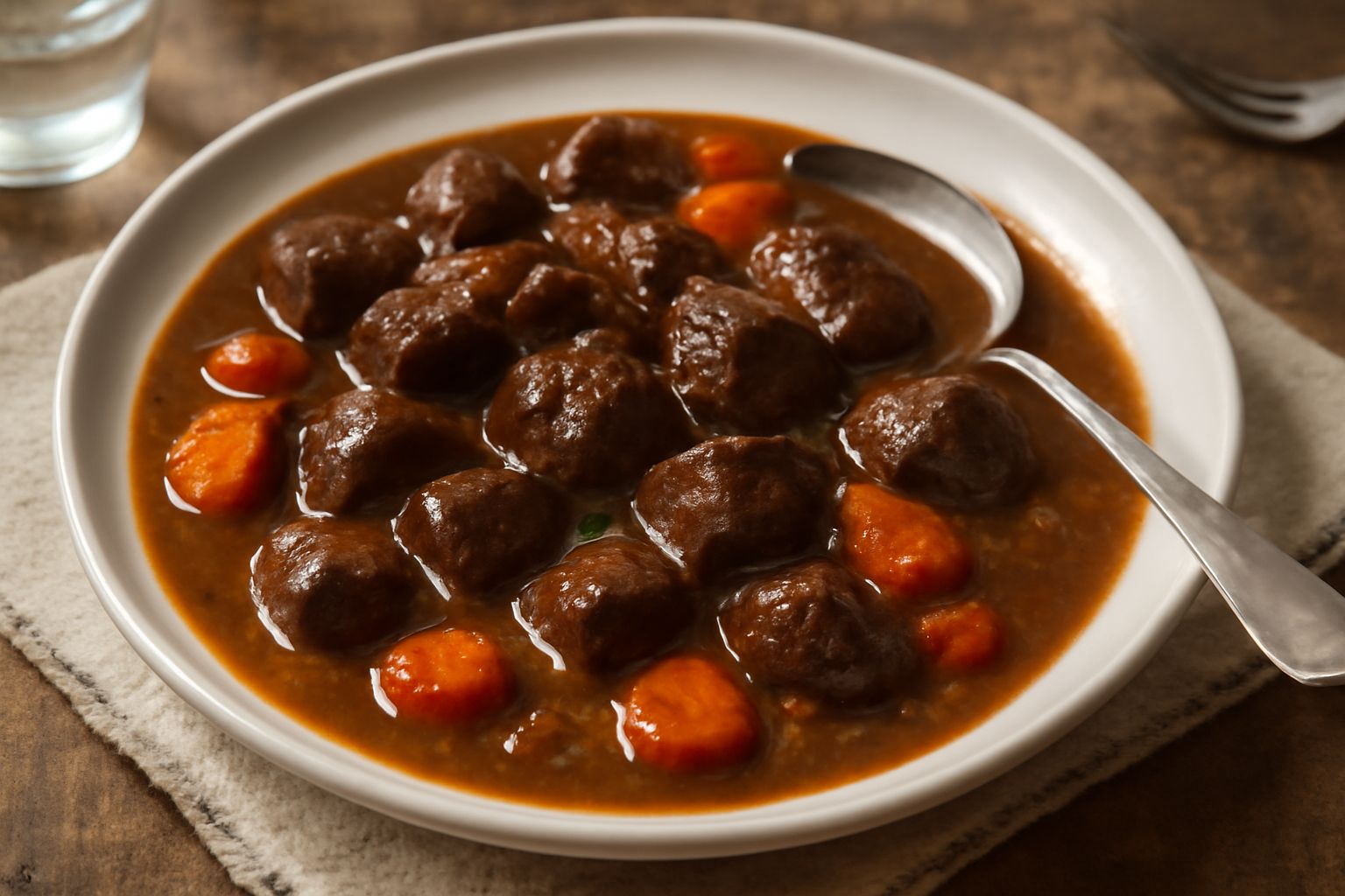 Spezzatino di cervo in piatto bianco: cubetti di carne scura e morbida, salsa marrone scura con verdure cotte, carote arancioni e cipolle, foglia di rosmarino fresco come guarnizione