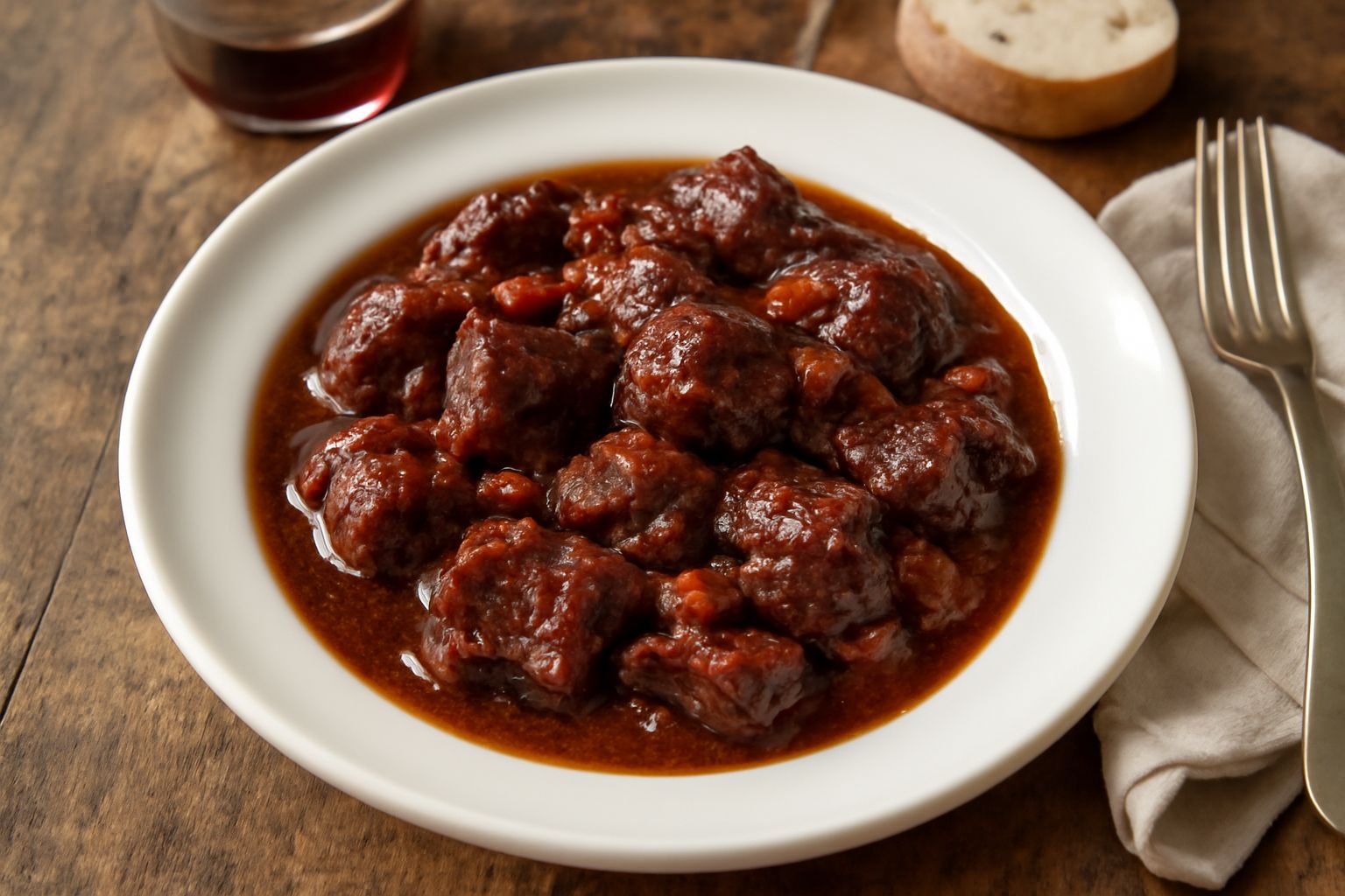 Spezzatino di cinghiale in una ciotola di ceramica bianca, pezzi di carne scura e tenera, verdure aromatiche dorate, sugo scuro e profumato, guarnito con rosmarino fresco, sfondo neutro