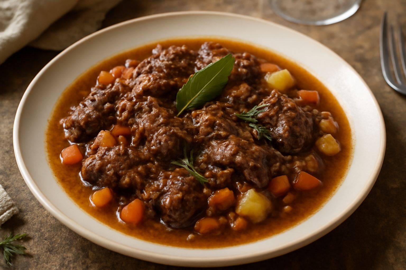Spezzatino di lepre in umido dentro una pentola di coccio: pezzi di carne scura e morbida, dadini di carota e cipolla, salsa marrone scura, erbe aromatiche fresche in superficie, vapore caldo