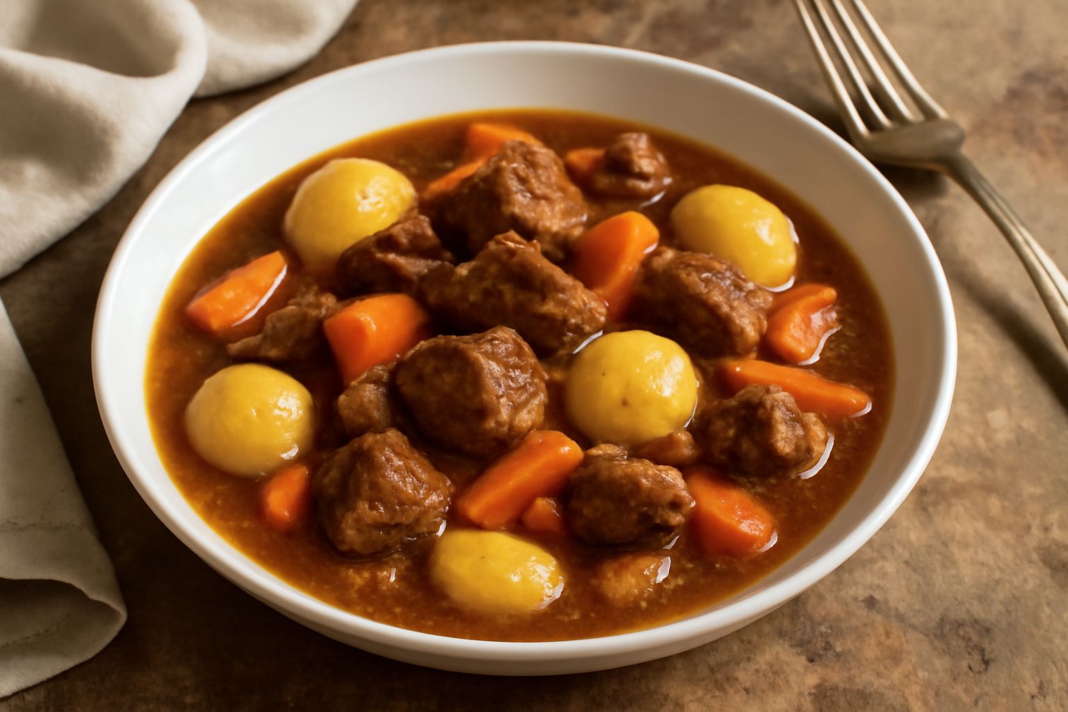 Spezzatino di manzo in una ciotola bianca: cubetti di carne marrone scuro, carote giallo-arancio, patate e cipolle in salsa marrone, guarnito con prezzemolo fresco verde