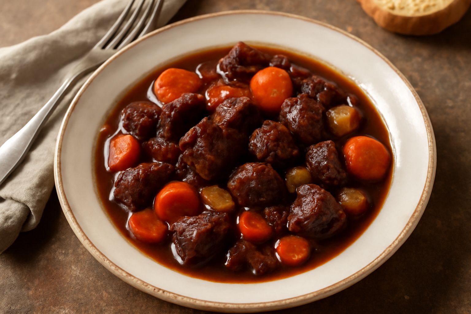 Spezzatino di manzo in pentola di terracotta con pezzi di carne rosso scuro, carote tagliate e sedano in un brodo denso e ricco di colore brunastro, accompagnato da un bicchiere di Refosco