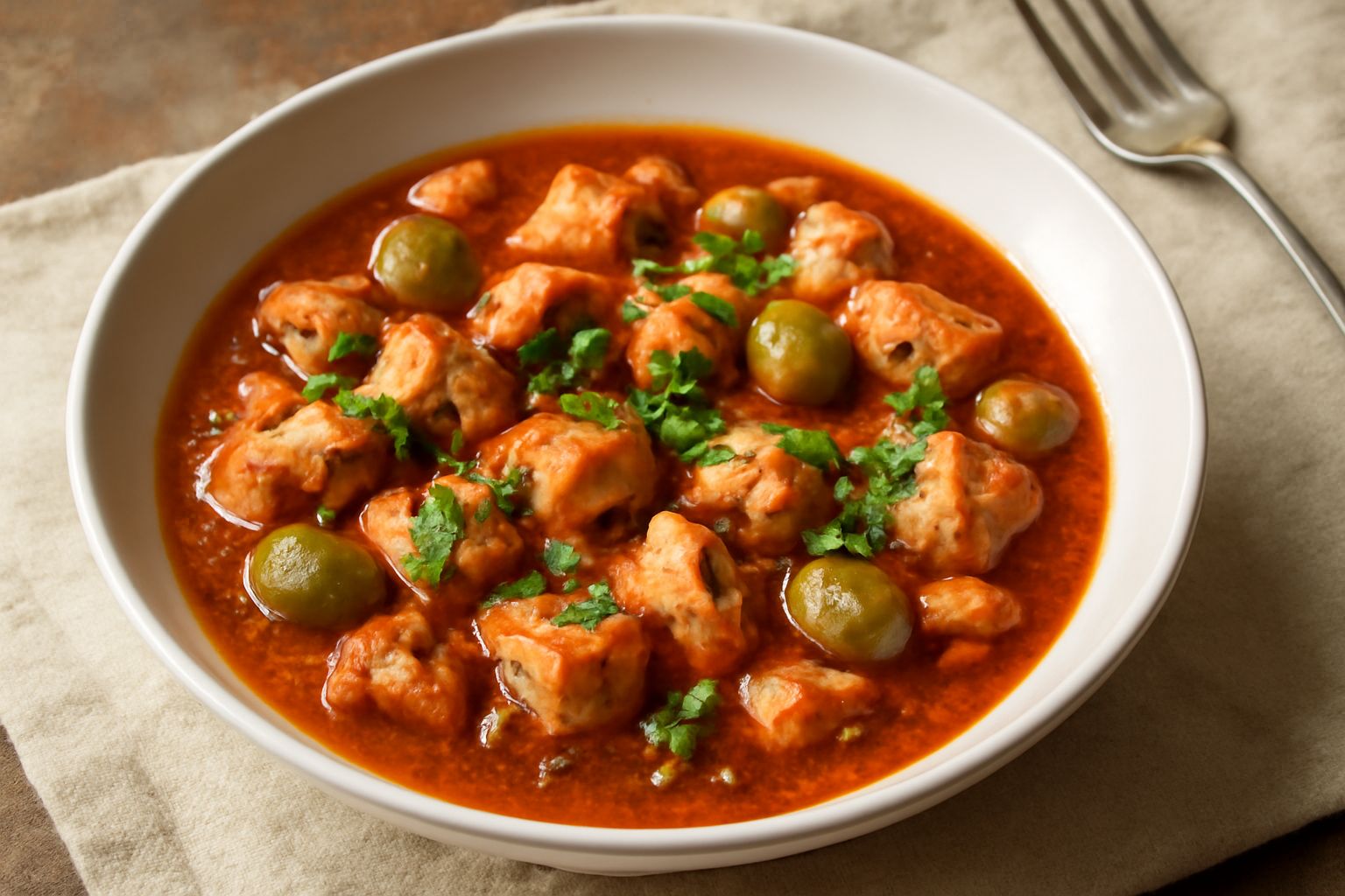Spezzatino di polpo in pentola di terracotta: pezzi di polpo rosa e tendine, sugo rosso di pomodoro denso, olive verdi sparse, prezzemolo fresco al bordo, pane tostato accanto