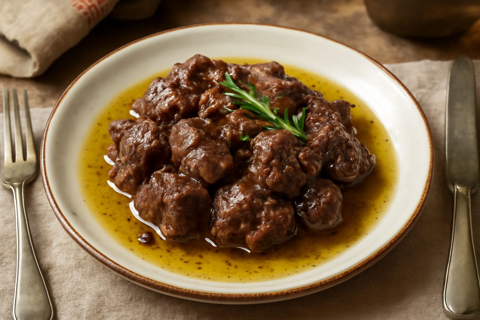 Spezzatino di selvaggina sott'olio in una ciotola bianca: pezzi di carne scura e lucida, ricoperti di olio trasparente, con erbe aromatiche sparse, servito a temperatura ambiente