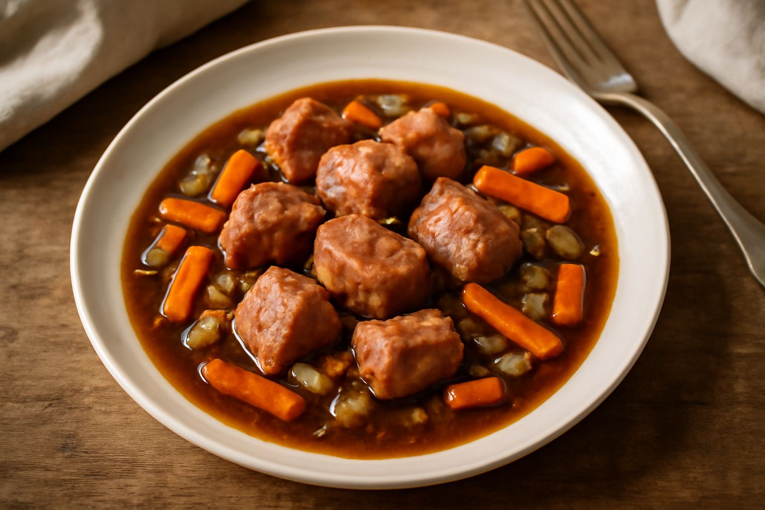 Piatto bianco con spezzatino di vitella: pezzi di carne rosa chiaro e tenerissimi, circondati da salsa marrone scura, carote arancioni tagliate a bastoncini, sedano e cipolla gialli, guarnito con prez