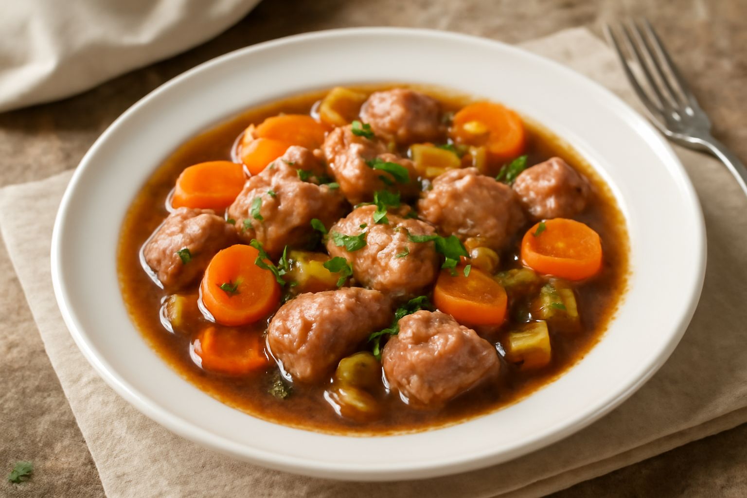 Spezzatino di vitello servito in un piatto fondo bianco, con pezzi di carne rosati teneri, carote arancioni tagliate a rondelle, sedano bianco e prezzemolo fresco. Salsa scura e lucida ricopre la carn
