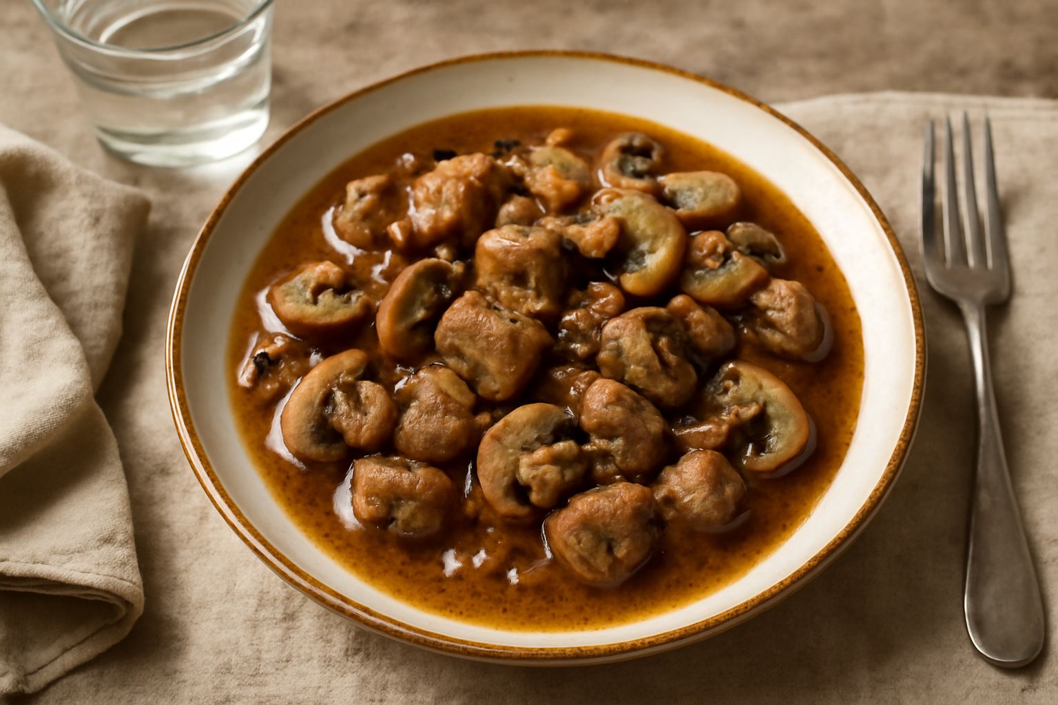 Spezzatino di vitello con funghi in una ciotola di porcellana bianca, pezzi di carne grigia e rosa, funghi dorati sparse nel sugo marrone scuro, prezzemolo fresco sopra, su sfondo grigio chiaro