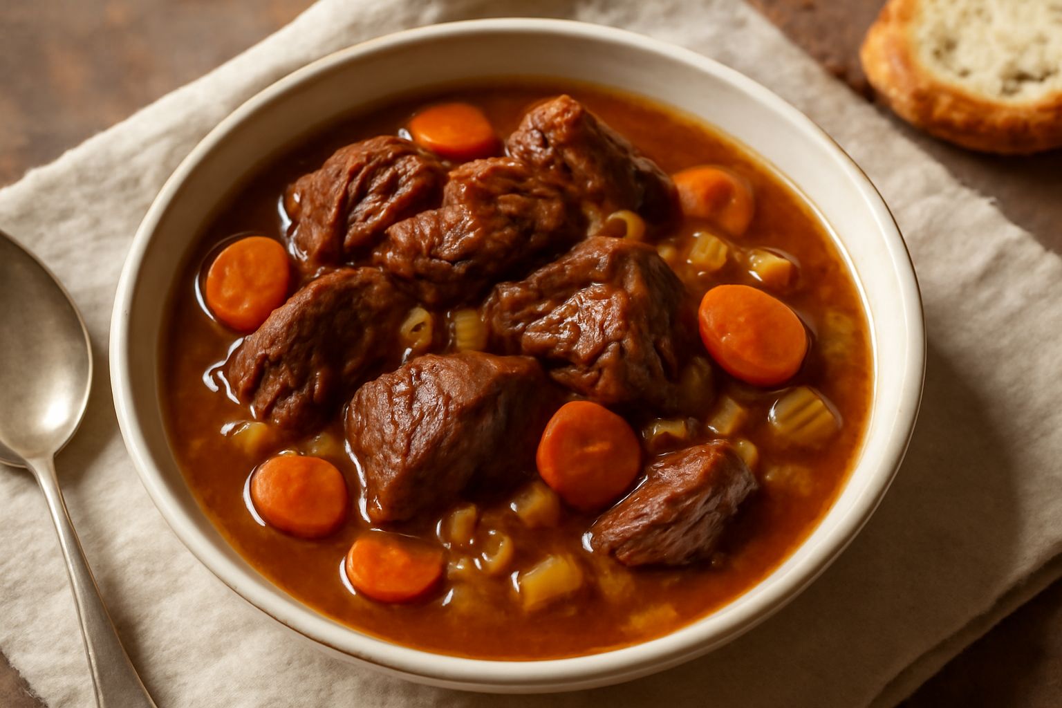 Spezzato di capra in umido in pentola di terracotta, pezzi di carne marroni e teneri, con carote, sedano e cipolle dorate, brodo ambrato, erbe di rosmarino in superficie