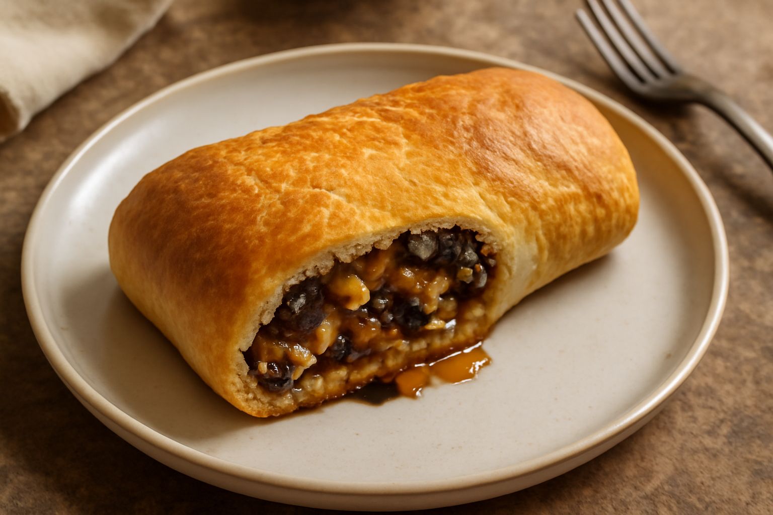 Una spianada intera su una tavola di legno, con pasta dorata e croccante, tagliata a fette, ripieno di noci, uvetta e miele visibili in sezione, spolverata di zucchero