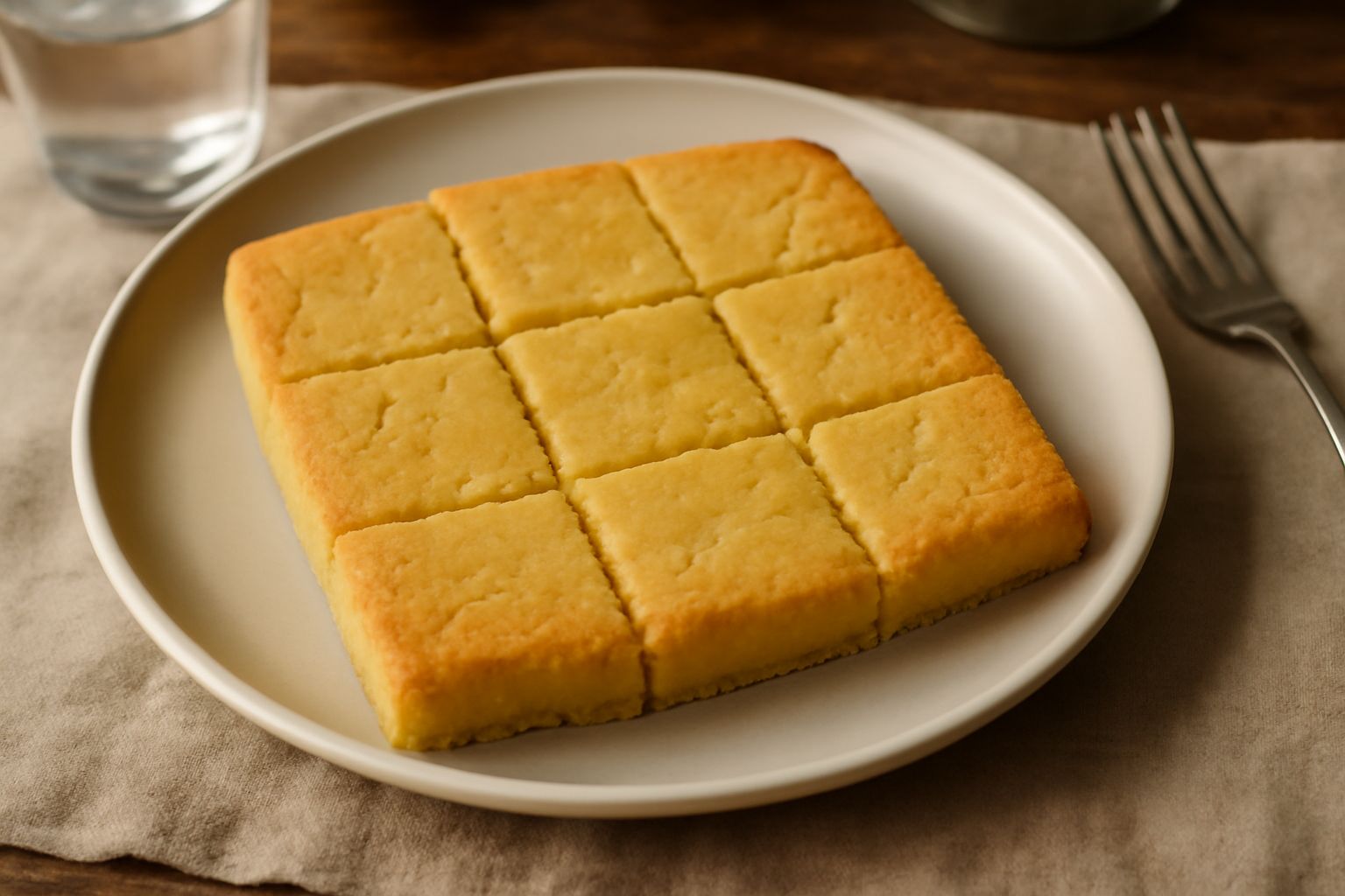 Una spianada dolce dorata su piatto bianco, con superficie friabile e screpolature leggere, accanto a una tazza di caffè e un tovagliolo di lino bianco