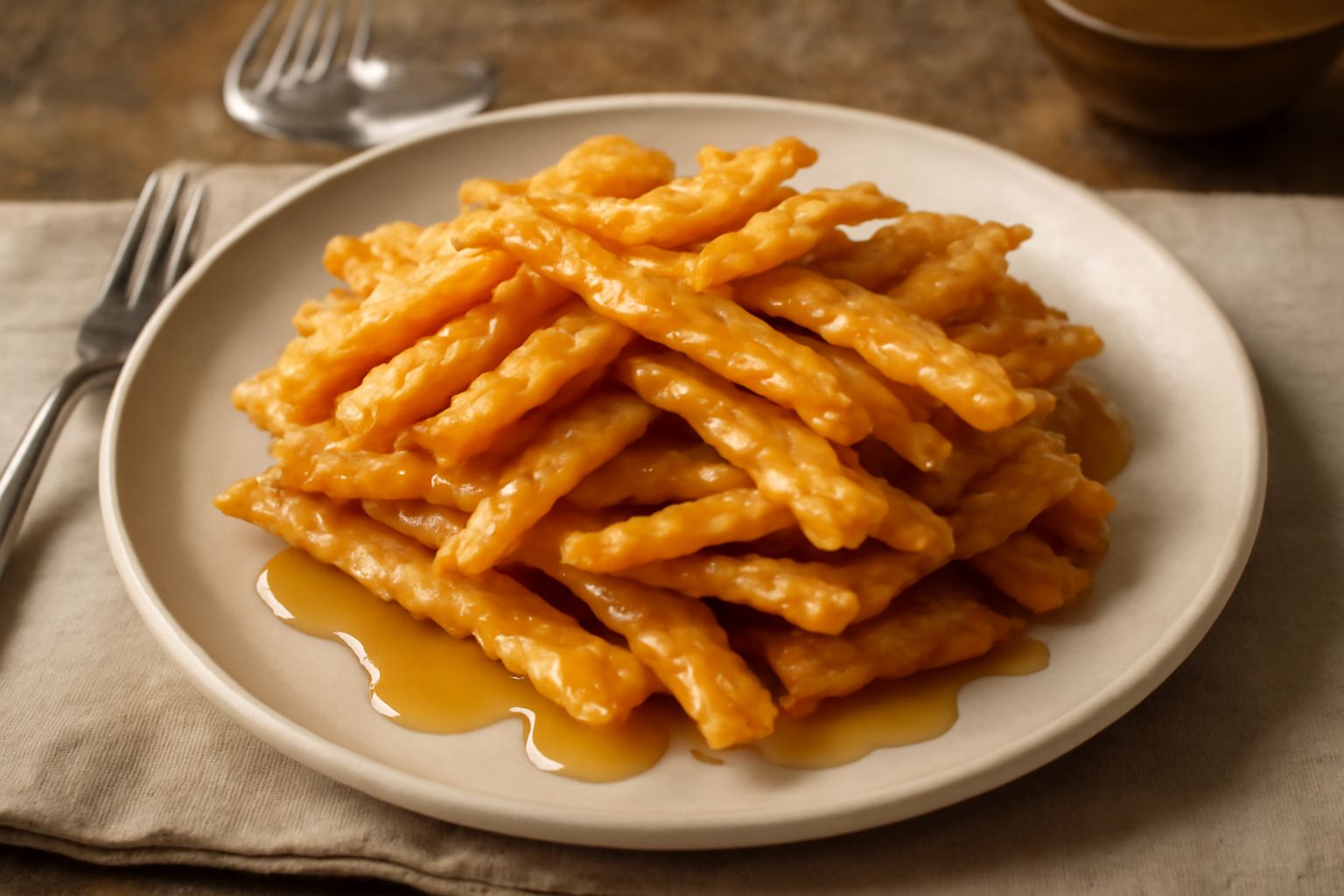 Spianada nuorese su piatto bianco, pasta fritta color oro e croccante ricoperta di miele trasparente e mandorle tostate, pezzi irregolari impilati l'uno sull'altro