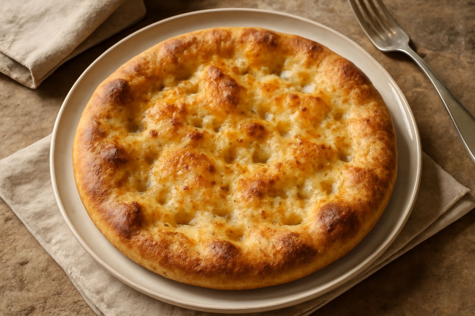 Spianata lucana dorata e croccante in un piatto bianco, con i bordi irregolari e bollicine visibili sulla superficie, condita di strutto lucente e grani di peperoncino rosso, su un fondo di legno scur
