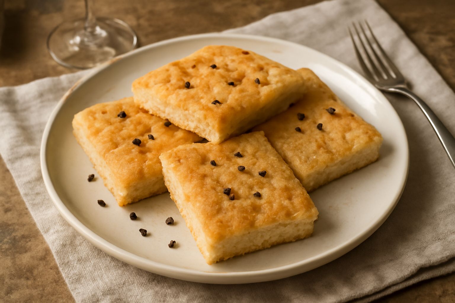 Spianata riminese appena sfornata: pane basso e appiattito, dorato in superficie, con crepe irregolari e granellini di pepe nero visibili, tagliata in quadrati su un piatto bianco