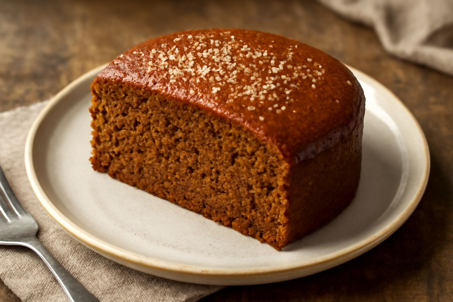 Spice cake trentino tagliato a fette, colore marrone ambrato, spezie visibili in superficie, adagiato su piatto bianco con una tazza di tè accanto