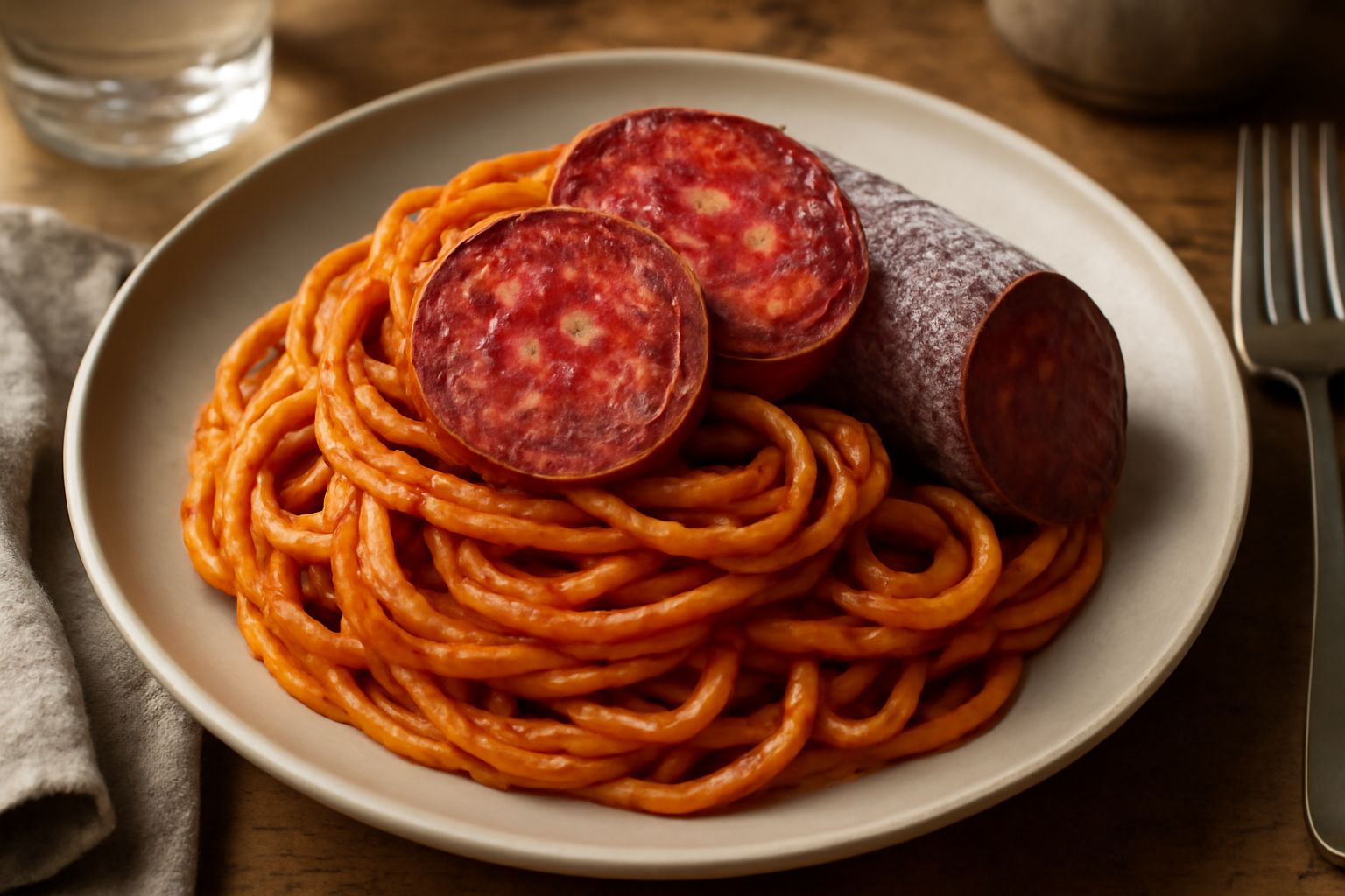 Fette di spicy salame rosso scuro con striature bianche di grasso, tagliate in rondelle, su un tagliere di legno naturale con accanto spicchi di aglio e peperoncini rossi interi