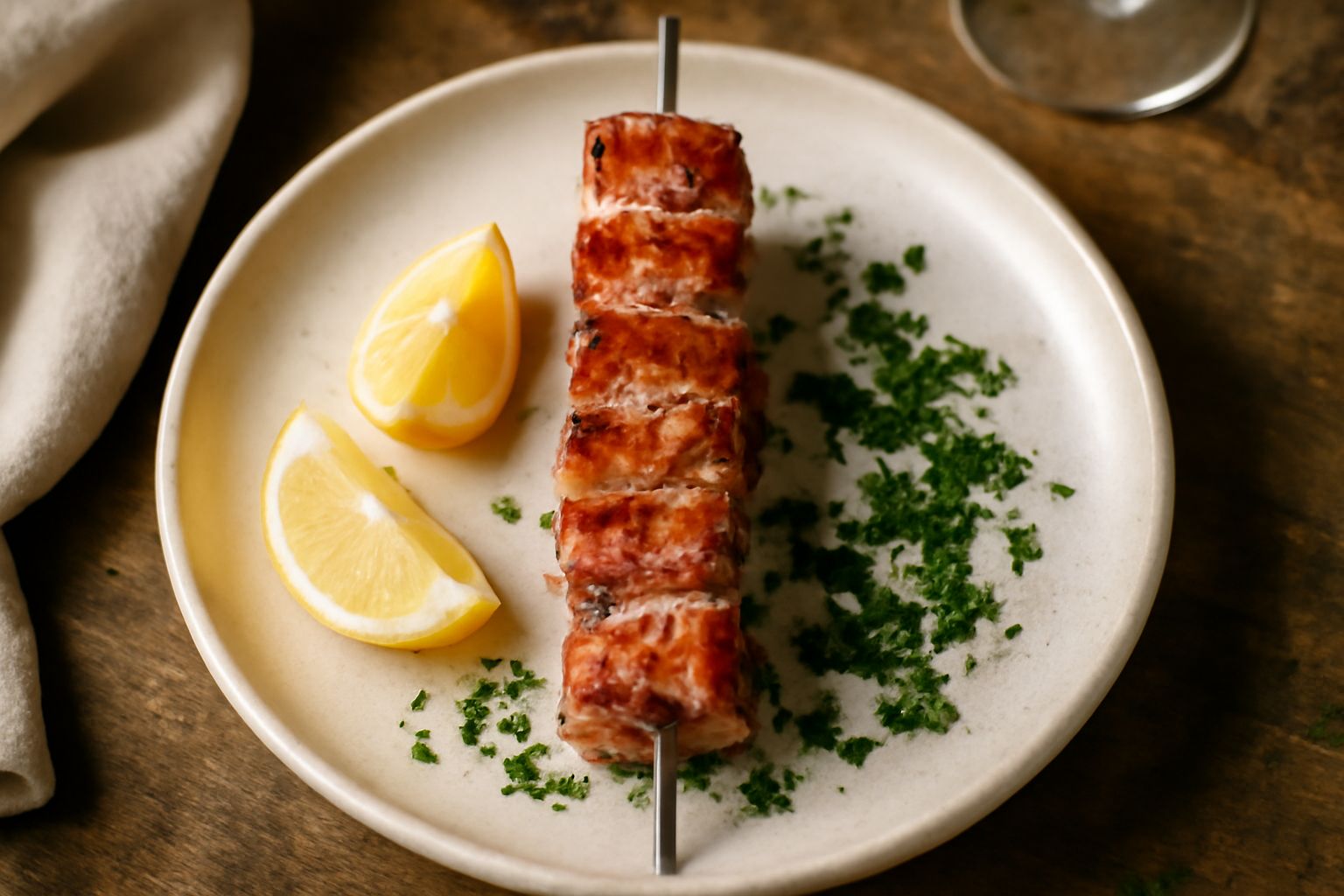 Spiedini di carne ben cotta su piatto bianco, carne rosa ancora succosa dentro, superficie esterna dorata e leggermente caramellata, guarniti con limone e prezzemolo fresco