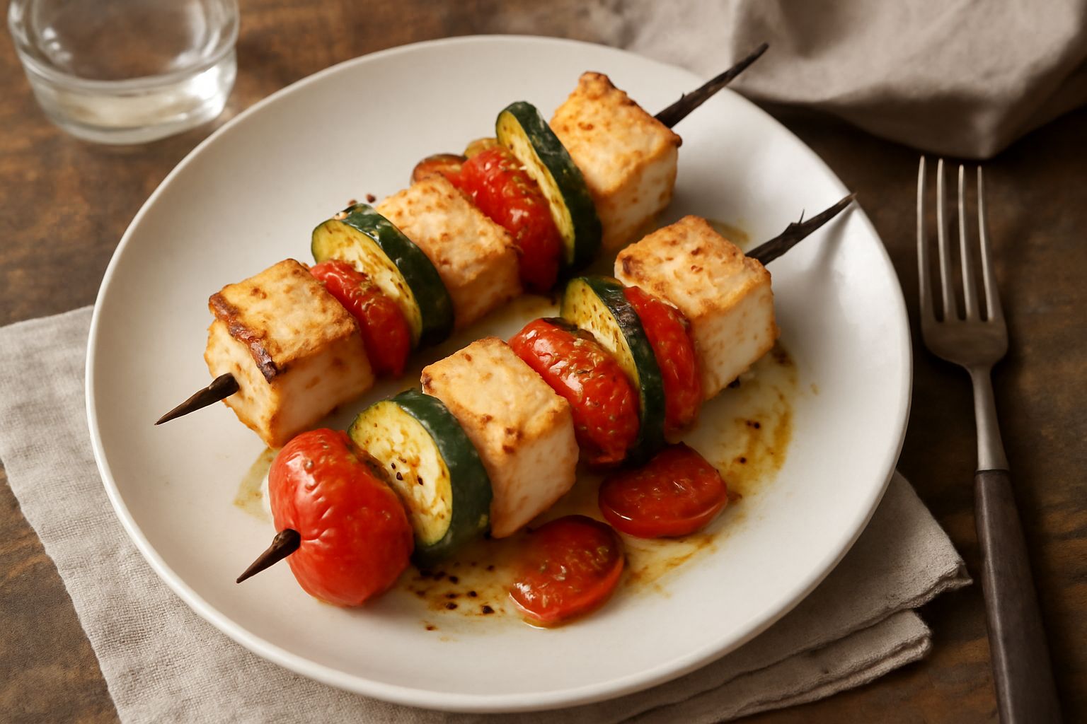 Spiedi di pesce spada grigliati con cubetti di carne bianca satinata, alternati a fette di zucchina verde e gialla e pomodori, su un piatto bianco con gocce di olio e limone spremuto