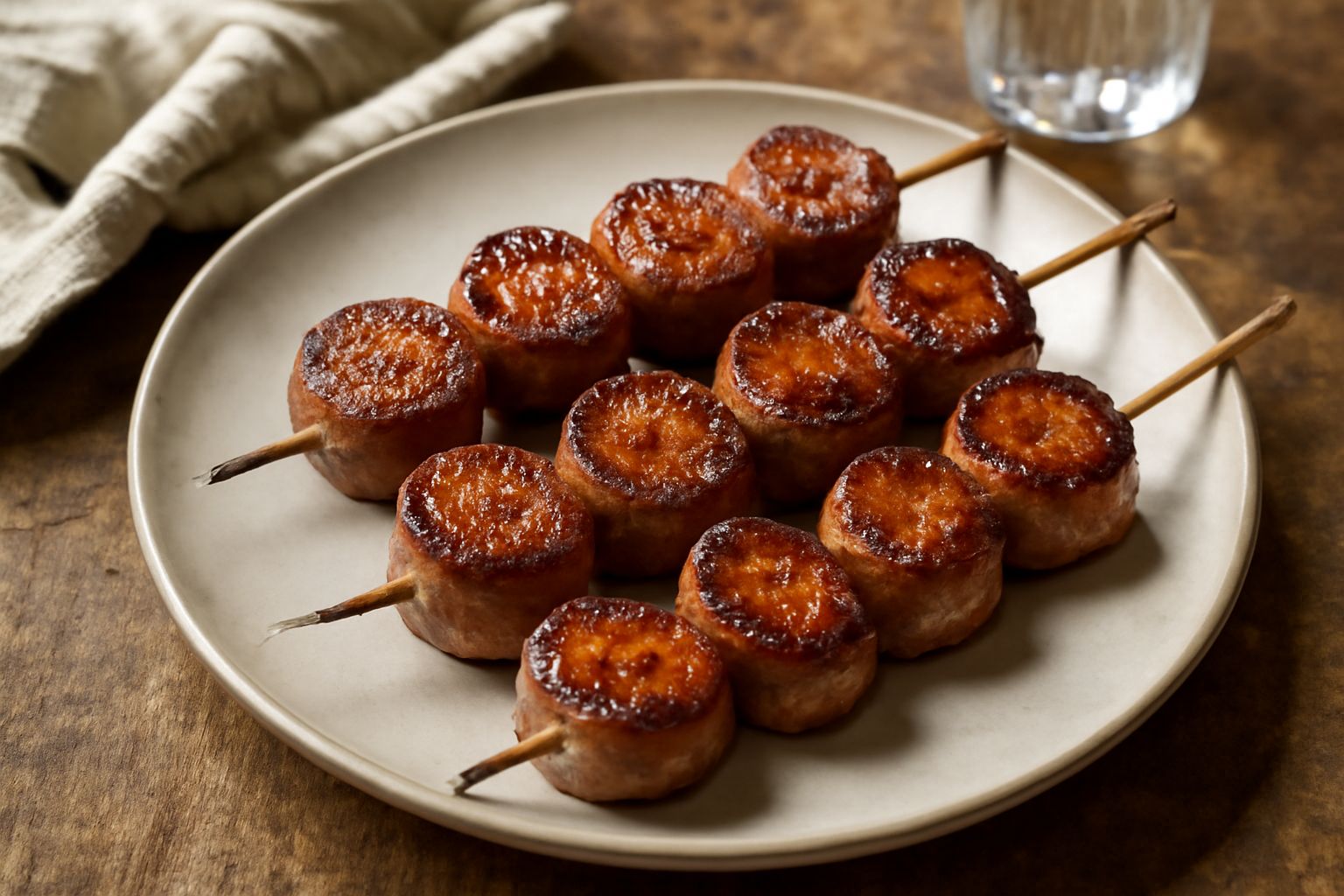 Tre spiedi di salsiccia disposti in fila su un piatto bianco, superficie dorata e caramellata, vapore caldo visibile, contorno di peperoni rossi e cipolla bianca grigliata