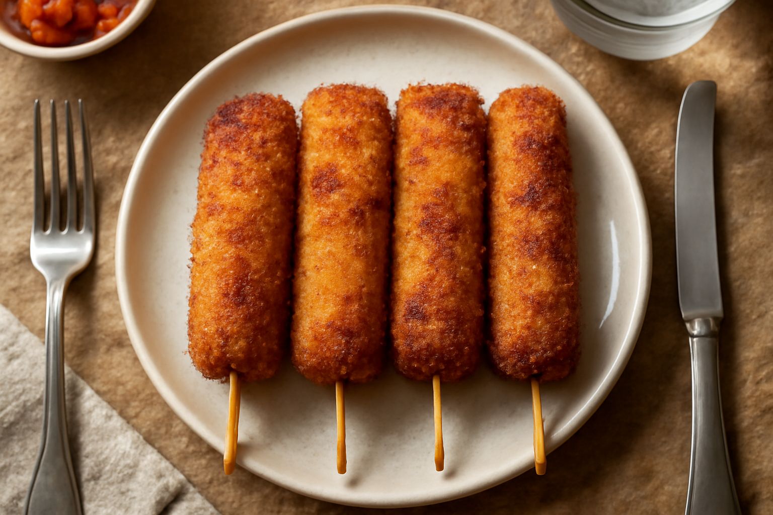 Tre spiedini catanesi dorati e croccanti su un piatto bianco, con il ragù di carne color bordeaux che affiora dal taglio, contornati da limone fresco e prezzemolo verde