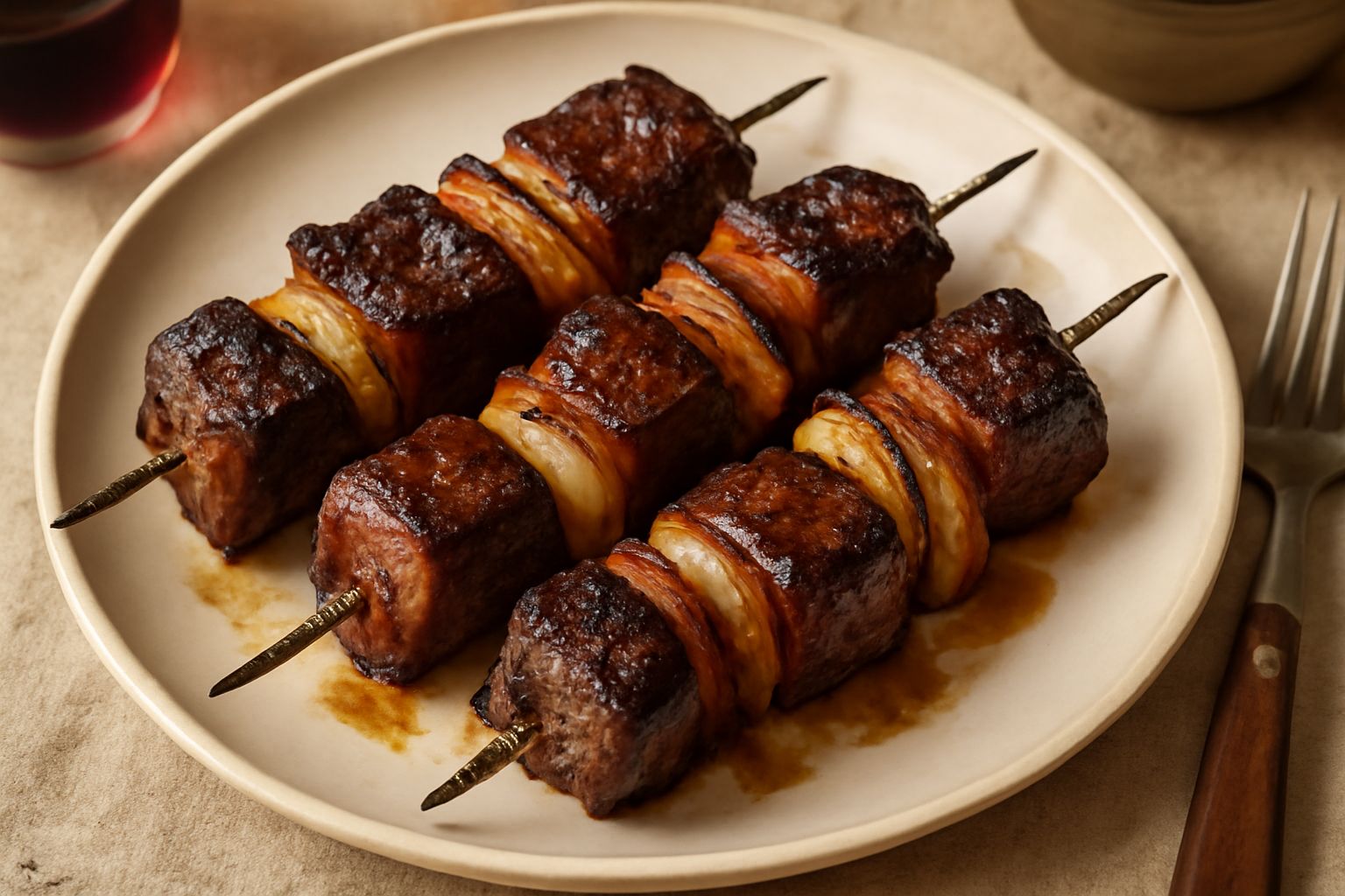 Spiedini di cacciagione appena grigliati, alternati con cubetti di pancetta affumicata e fette di cipolla rossa, serviti su piatto bianco con limone fresco e rosmarino