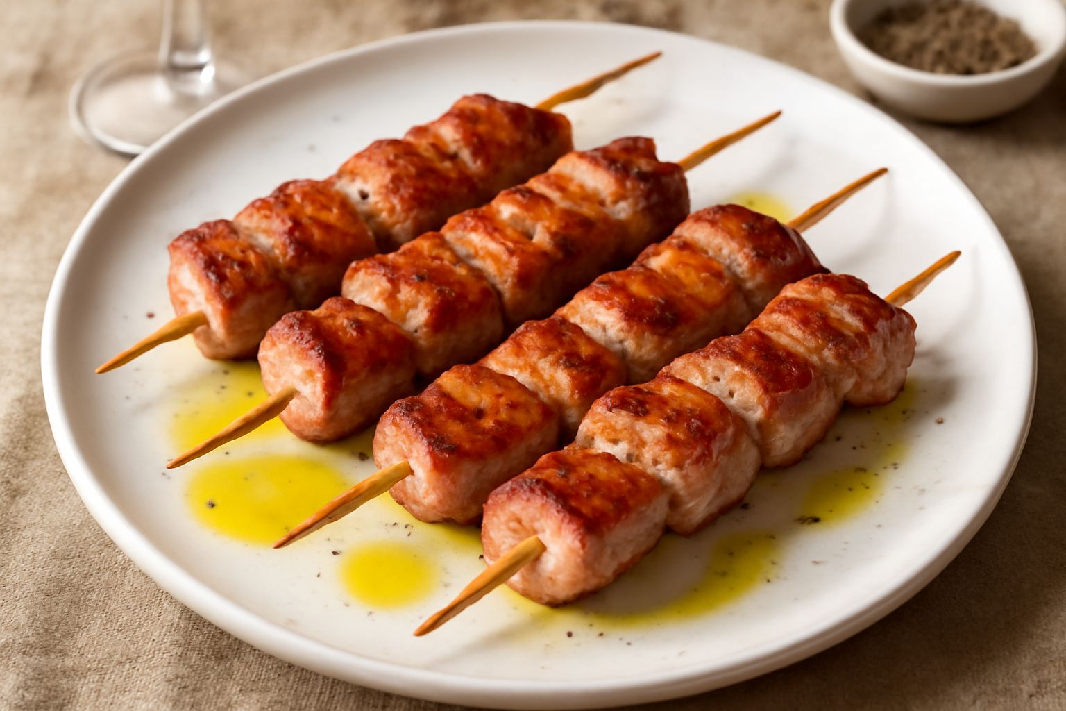 Quattro spiedini di maiale dorati e rosati, disposti su un piatto bianco, con periodi di aglio fresco tritato, rametti di rosmarino, gocce di olio d'oliva e un bicchiere di vino bianco in sottofondo