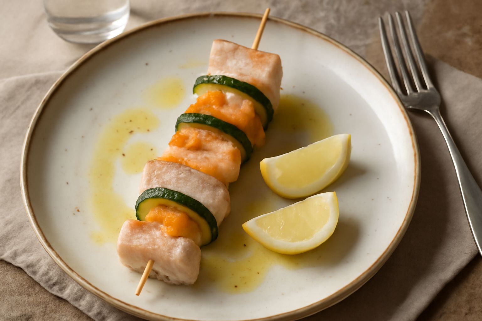 Spiedini di pesce con filetti rosa e gamberi dorati, intervallati da zucchine verdi e pomodori gialli su stecchi di legno, serviti su piatto bianco con limone fresco e prezzemolo