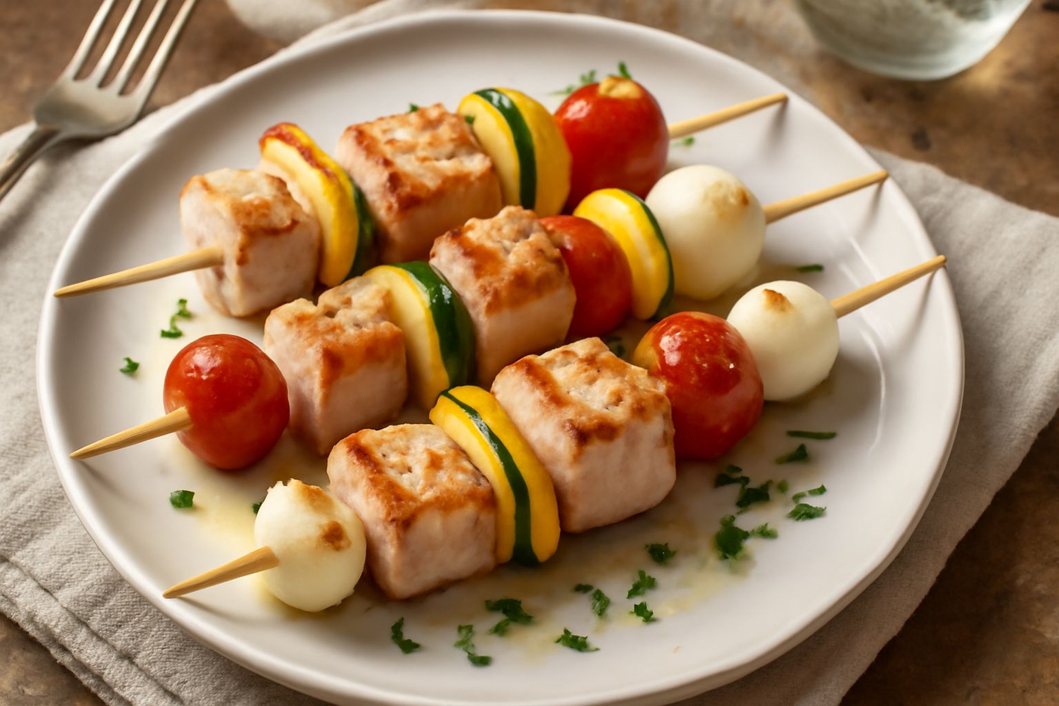 Tre spiedini di pesce spada e zucchine su un piatto bianco, con tracce di grill marrone scuro, limone fresco a fette e olio d'oliva versato accanto