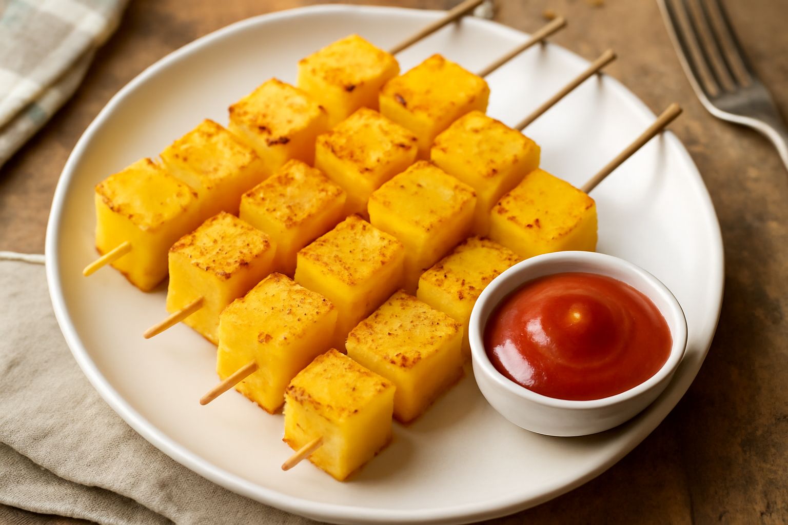 Spiedini di polenta dorata disposti in verticale su un piatto bianco, cubetti tostati di colore giallo-marrone con superficie croccante visibile, guarniti con una salsa rossa sul fondo