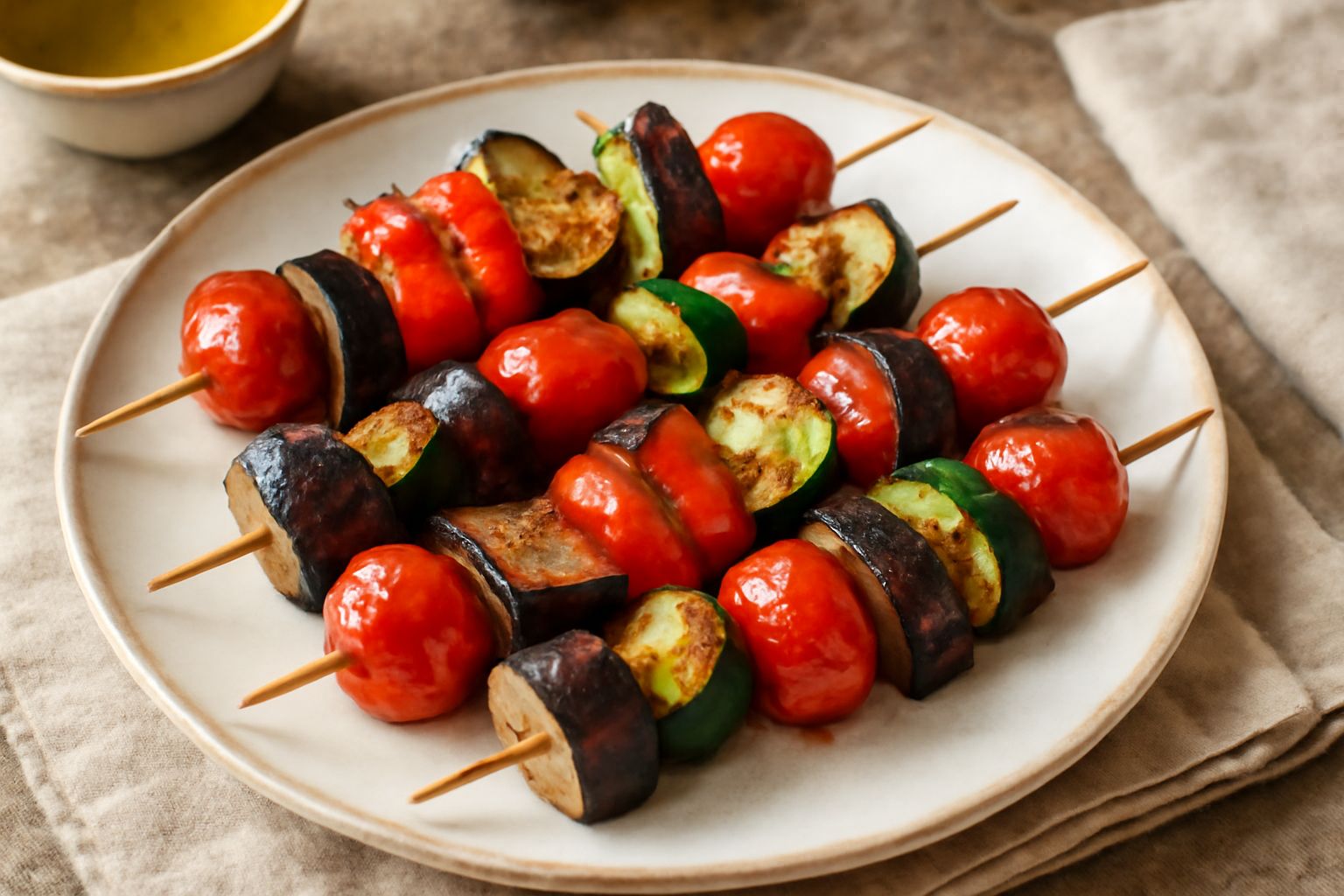 Spiedini di verdure grigliati su una griglia in ferro: melanzane viola scuro, peperoni rossi e gialli, zucchine verdi, pomodori rossi alternati su bastoncini di legno, con leggeri segni di carbonizzaz