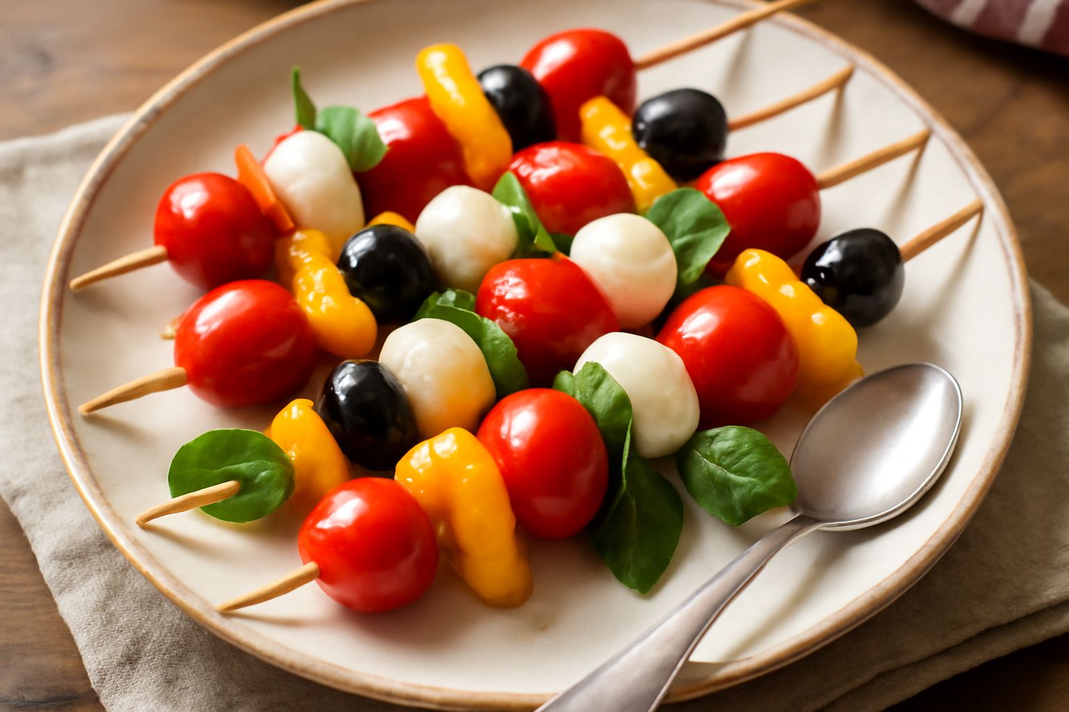 Spiedini di legno con pomodori, mozzarella, peperoni rossi e gialli alternati, olive nere e basilico fresco, disposti su un piatto bianco con limone affettato e olio d'oliva in bicchiere sfocato sullo