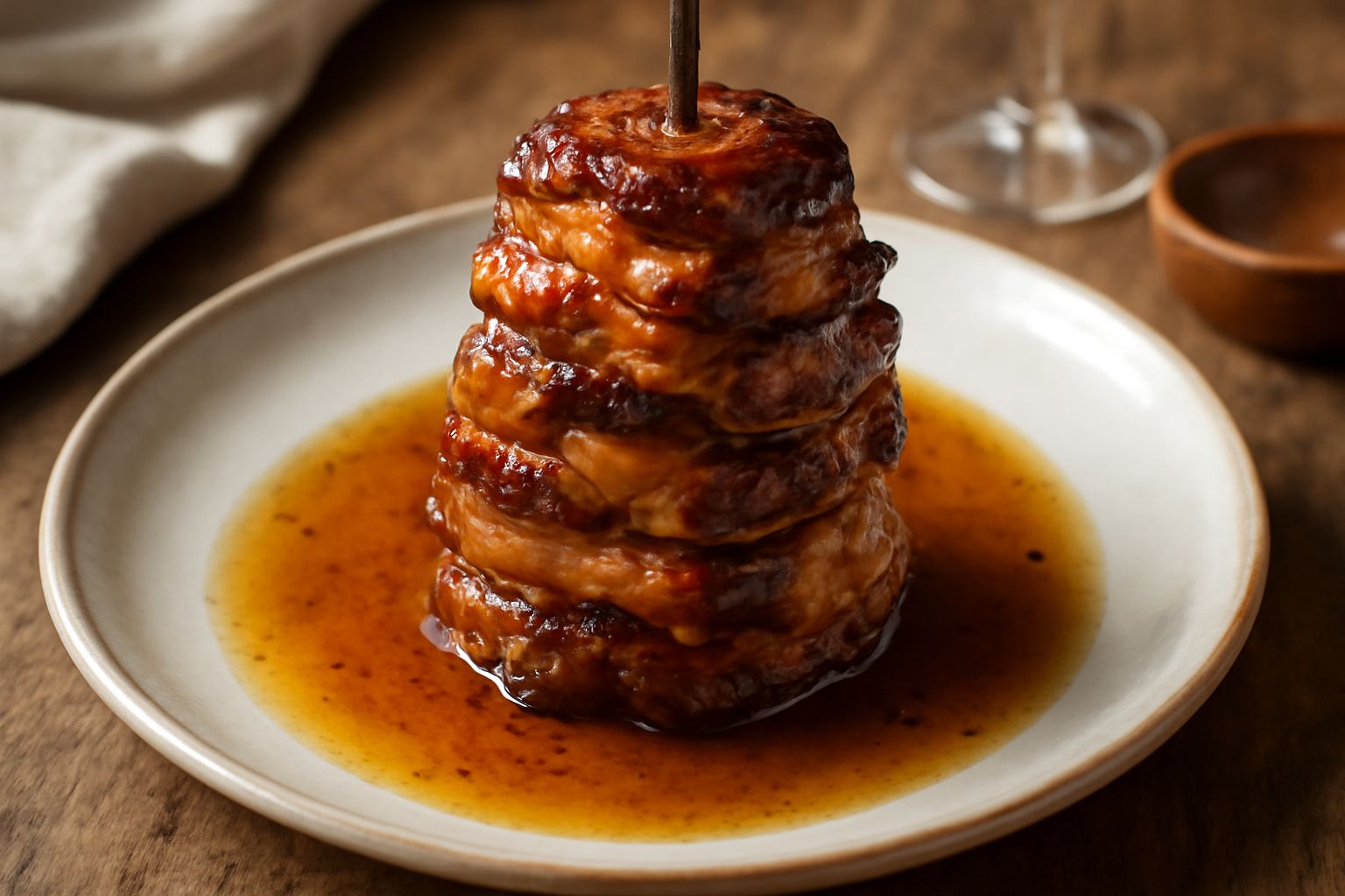 Spiedo trevigiano con carni dorate e profumate, infilzate su un ferro verticale, cotte davanti alle fiamme, circondate da verdure arrostite e salsa di cottura