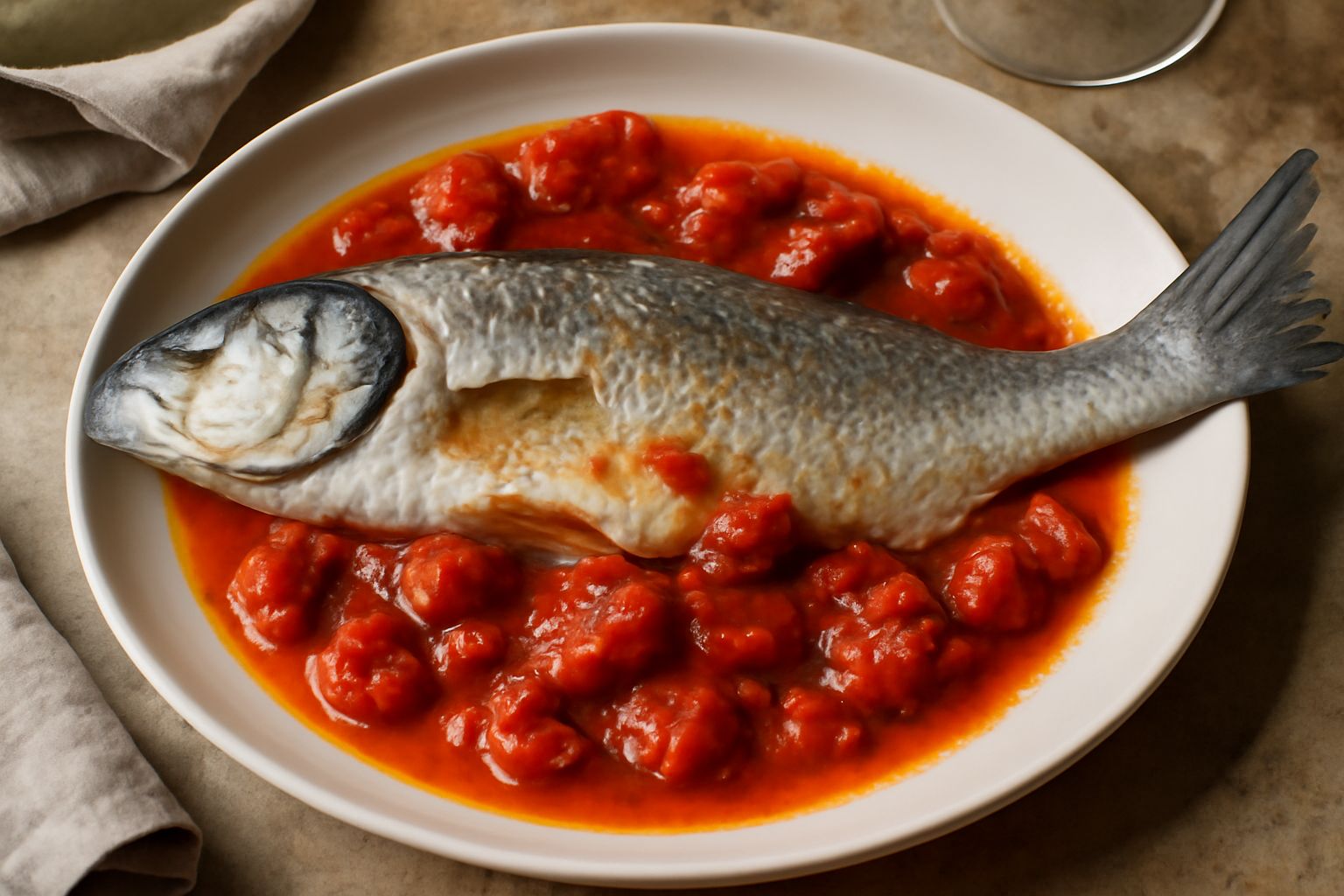 Spigola intera cotta in un piatto fondo bianco, circondata da sugo rosso di pomodori, olive nere e prezzemolo fresco, con limone a spicchi sul bordo