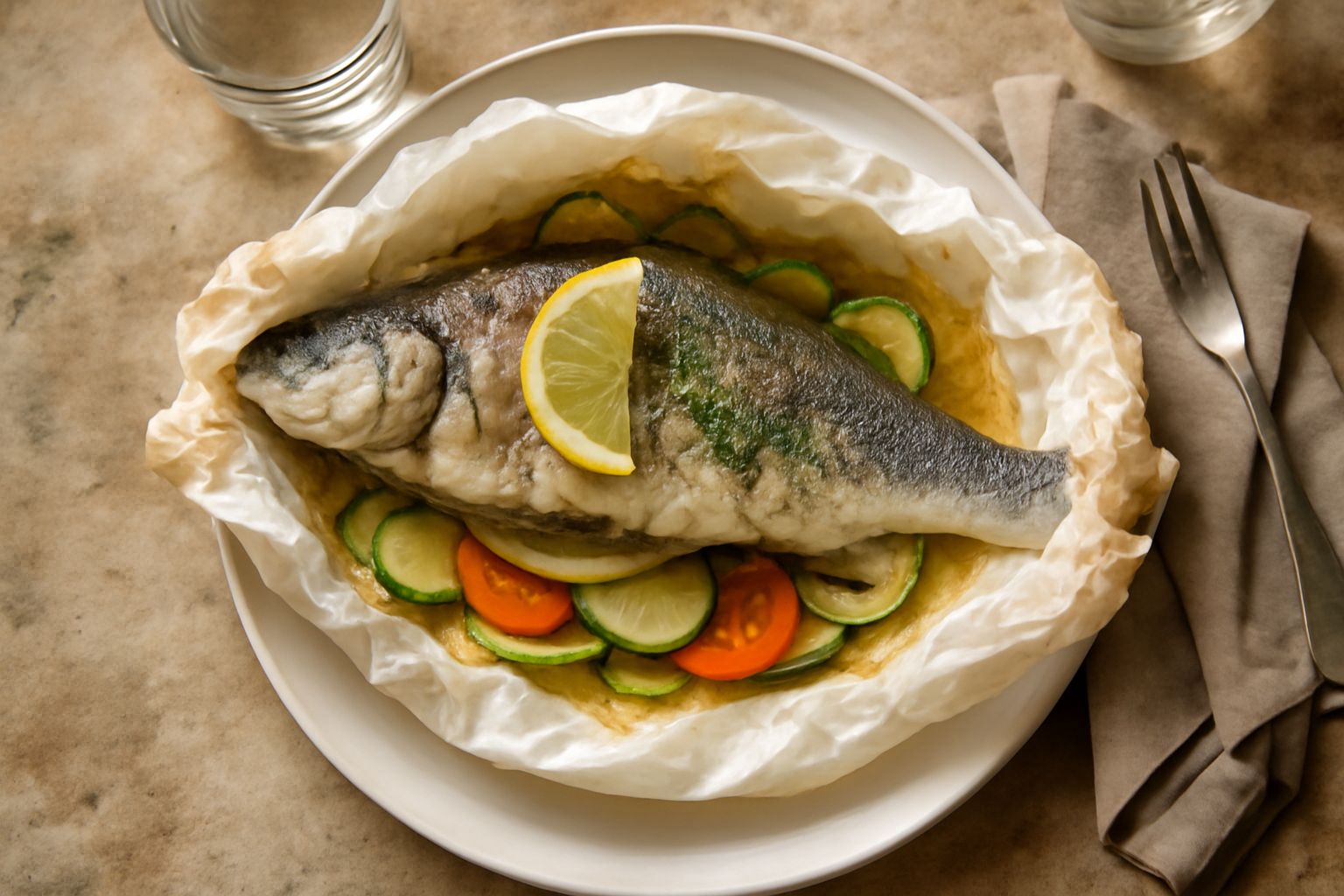 Una spigola intera condita con limone e erbe aromatiche, avvolta in carta pergamena bianca piegata, posta su un piatto bianco con contorno di zucchine e pomodori gialli
