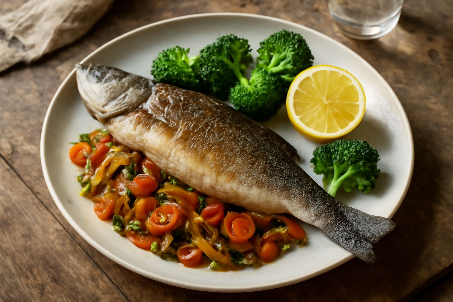 Una spigola intera dorata al forno su un piatto bianco, contornata da fette di limone fresco, broccoli al vapore e un filo di olio d'oliva, con erbe aromatiche sparse sulla pelle croccante